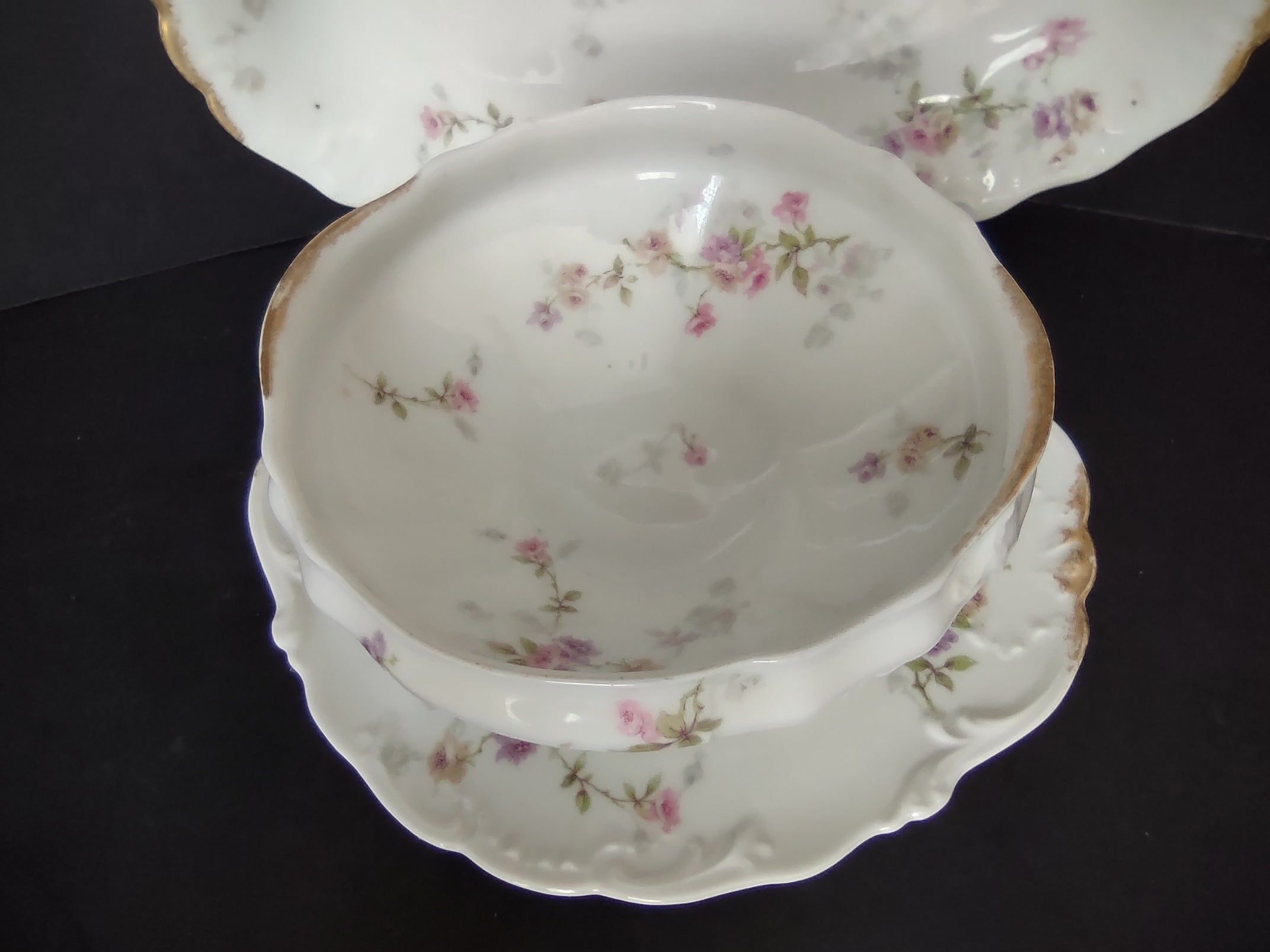 Haviland Limoges Set 2 Serving Bowl PlatterPink Purple Yellow Rose (lot 840)