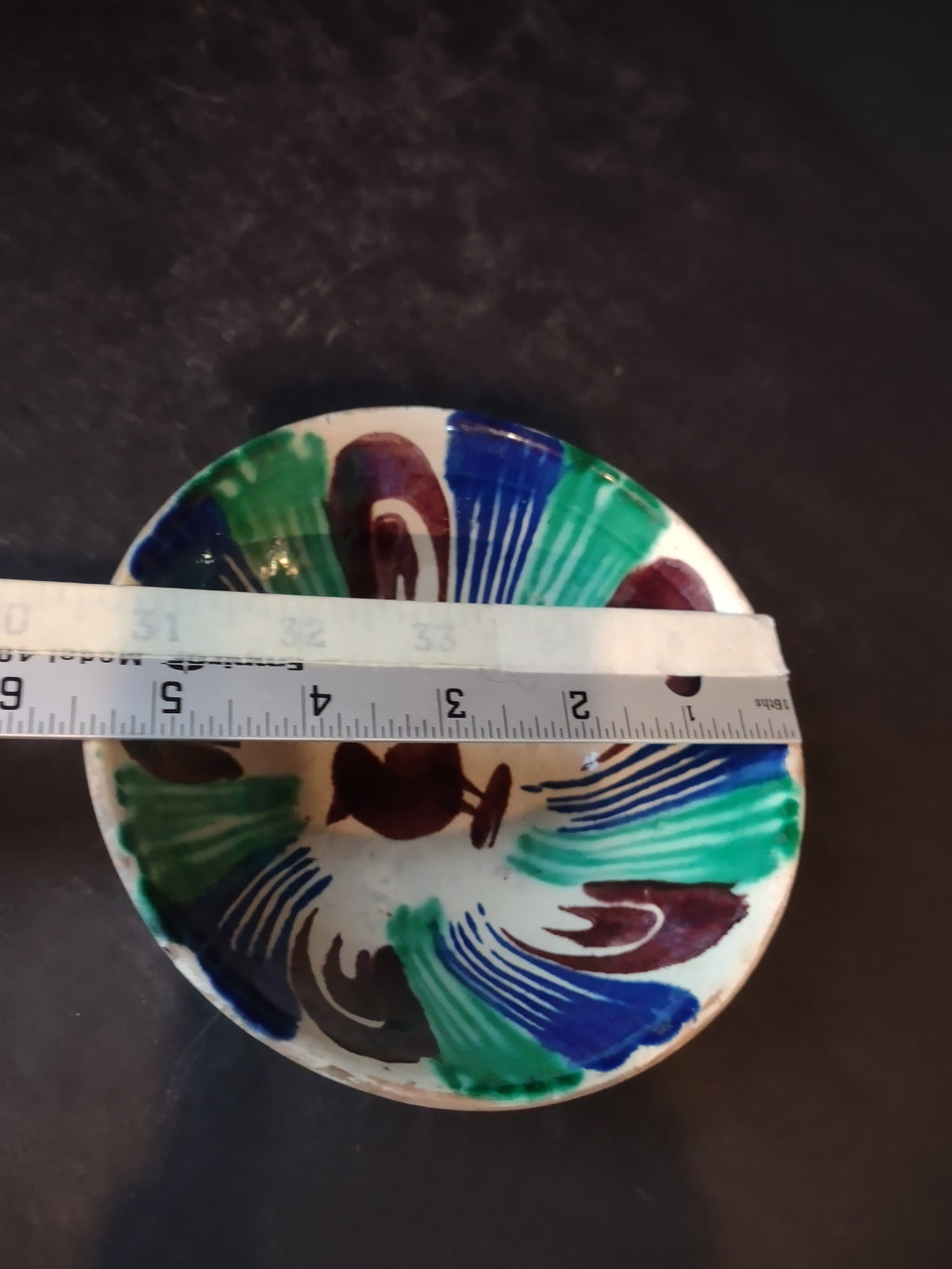 Vintage Stoneware Mexico Small Bowl Green Cobalt Blue Green Bird (lot 5341)