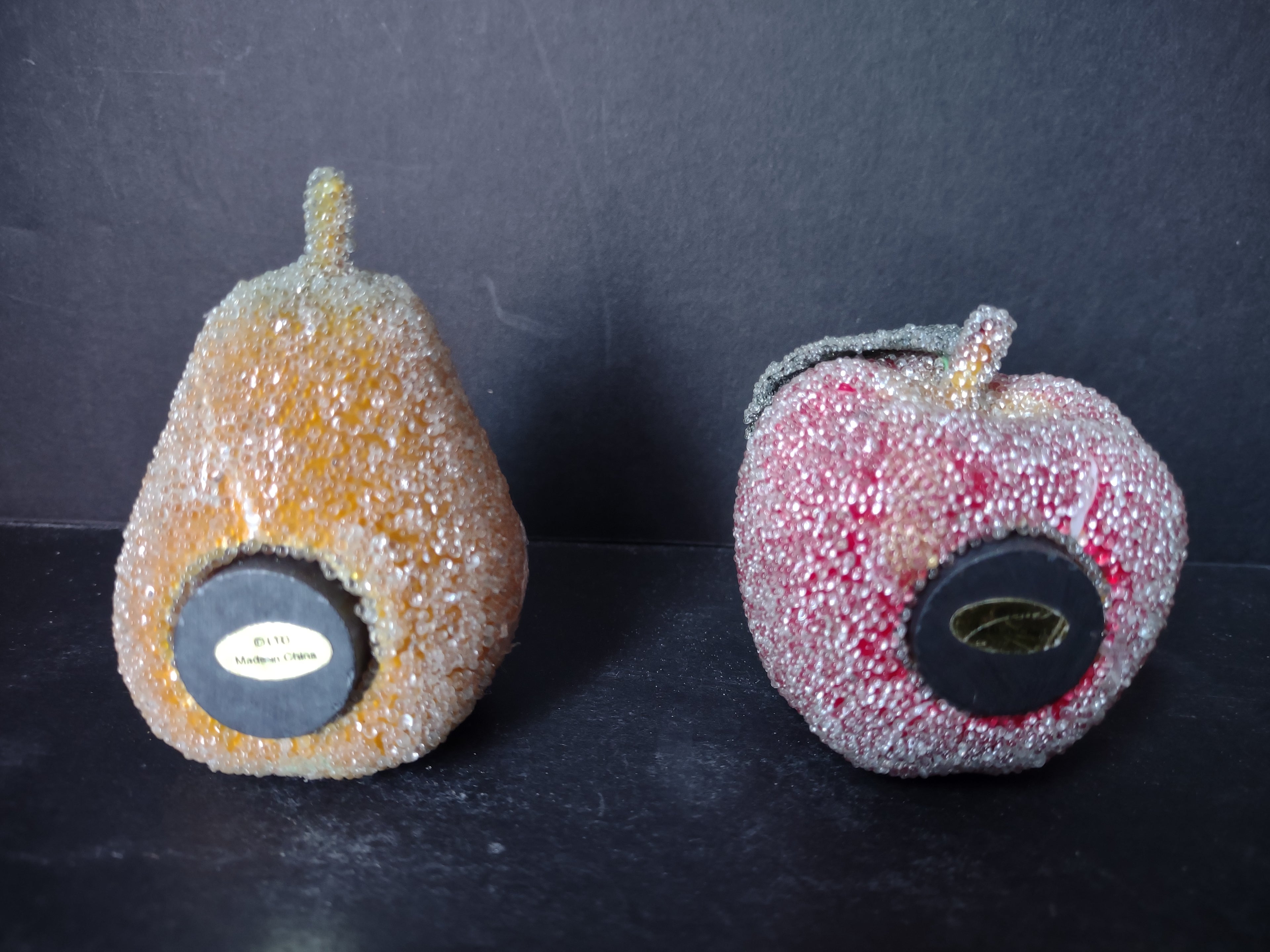 Vintage MCM Sugared BEADED Fruit Refrigerator Magnets Apple Pear (lot 5042)