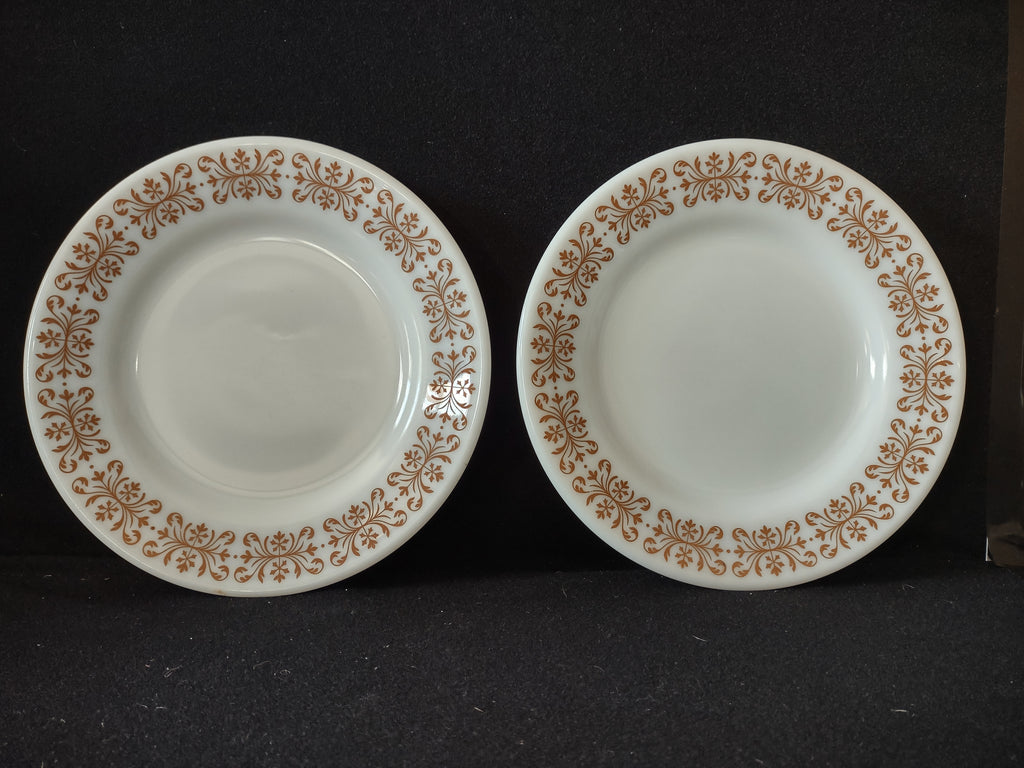 Vintage Milk Glass USA Pyrex Copper Filigree 9" Lunch Plate x 2 (lot 5207)