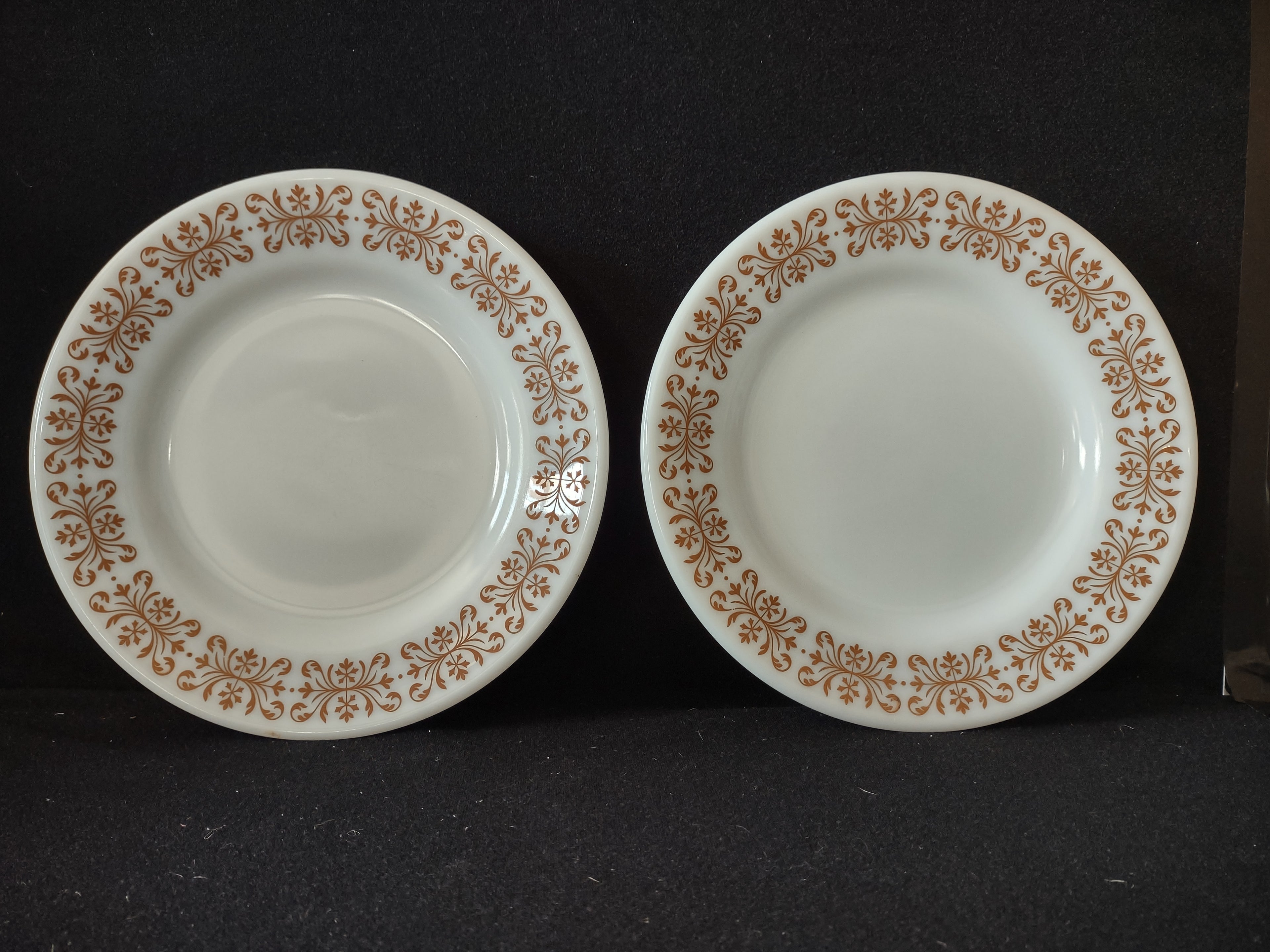 Vintage Milk Glass USA Pyrex Copper Filigree 9" Lunch Plate x 2 (lot 5207)