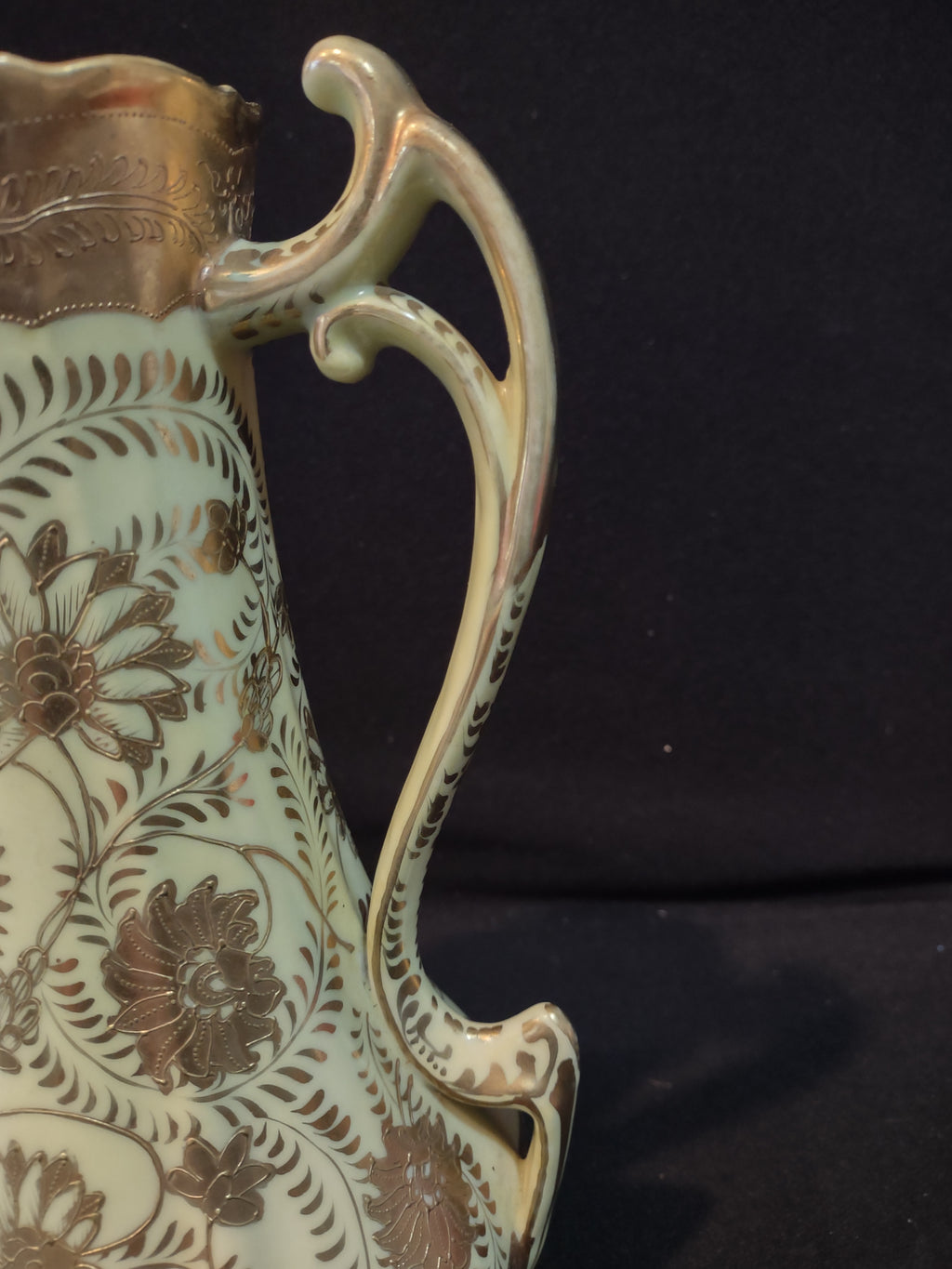 Vintage Ewer Pitcher Lime Golden Trim Floral Design Ornate Handle (Lot 5229)