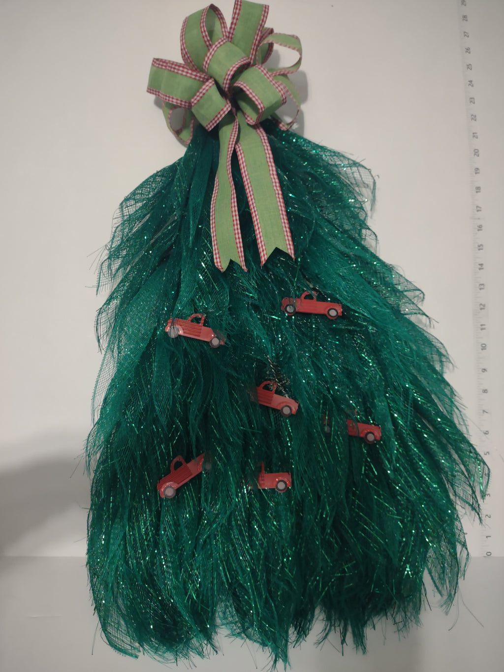 Handmade Ribbon Green Christmas Tree w/ Red Truck Flat Hang on Wall 24" lot 1296