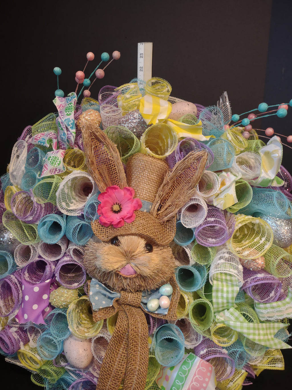 Easter Bunny Spring Mesh Ribbon Wreath Handmade 22" (lot 1400)