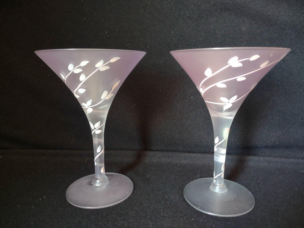 Set of 2 Vintage MCM Frosted Martini Glass Pink Leaves Handpainted (lot 2738)