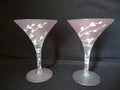 Set of 2 Vintage MCM Frosted Martini Glass Pink Leaves Handpainted (lot 2738)