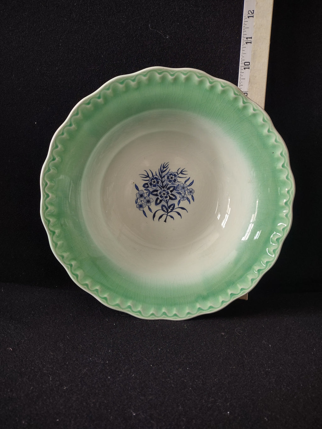 Vintage 9.5" Serving Bowl Scalloped Green Trim Blue Flower Design (Lot 5047)