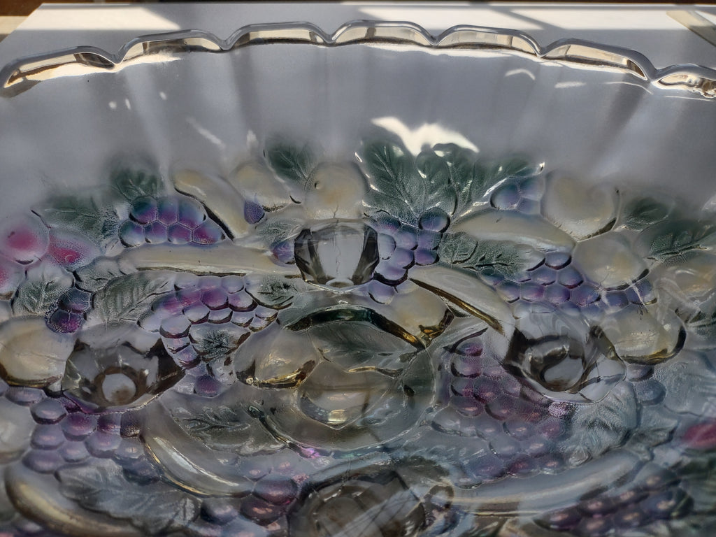 Vintage Indiana Glass Clear Iridescent Grape Design Large Footed Bowl (lot 2690c