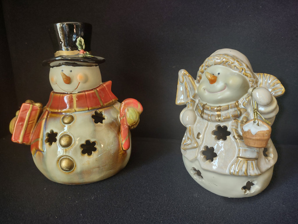 Set of 2 Tealight Holder Ceramic Christmas Snowman (lot 1705)