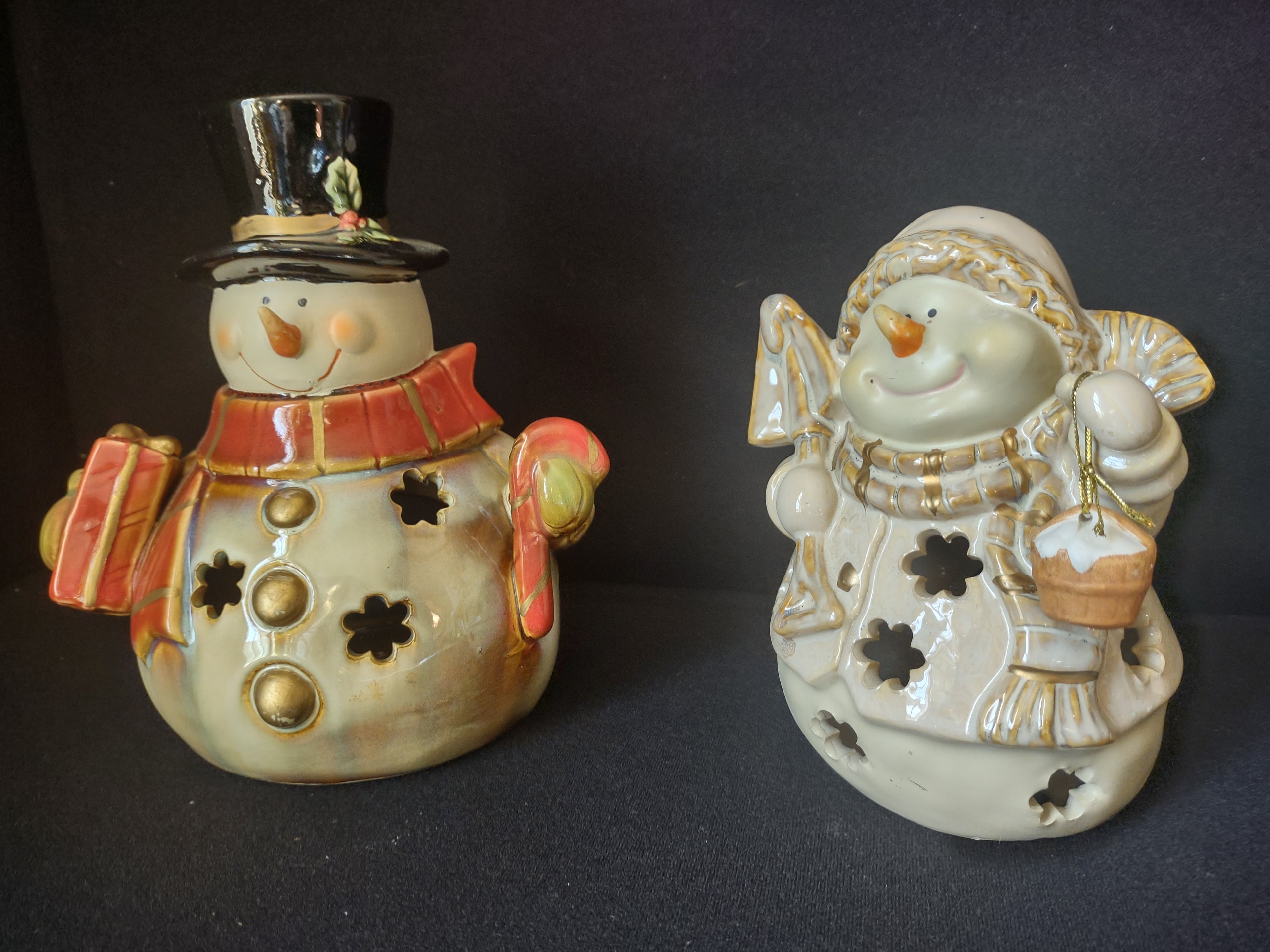 Set of 2 Tealight Holder Ceramic Christmas Snowman (lot 1705)