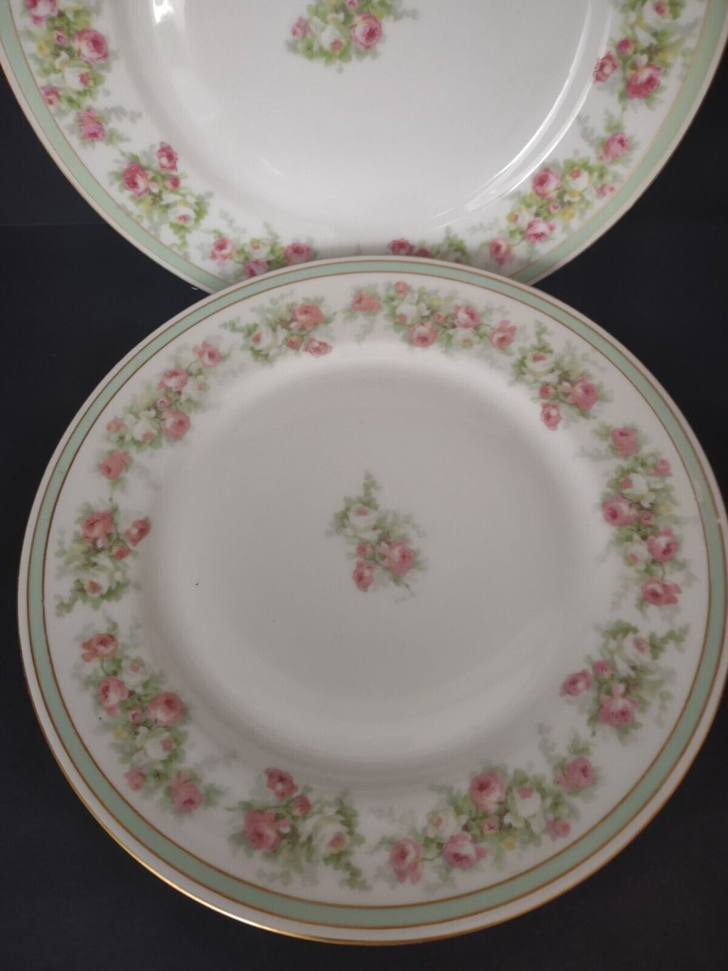 Coronet Limoges France 4 x Dinner Plate Mint Band Gold Trim Pink Rose (lot 550)