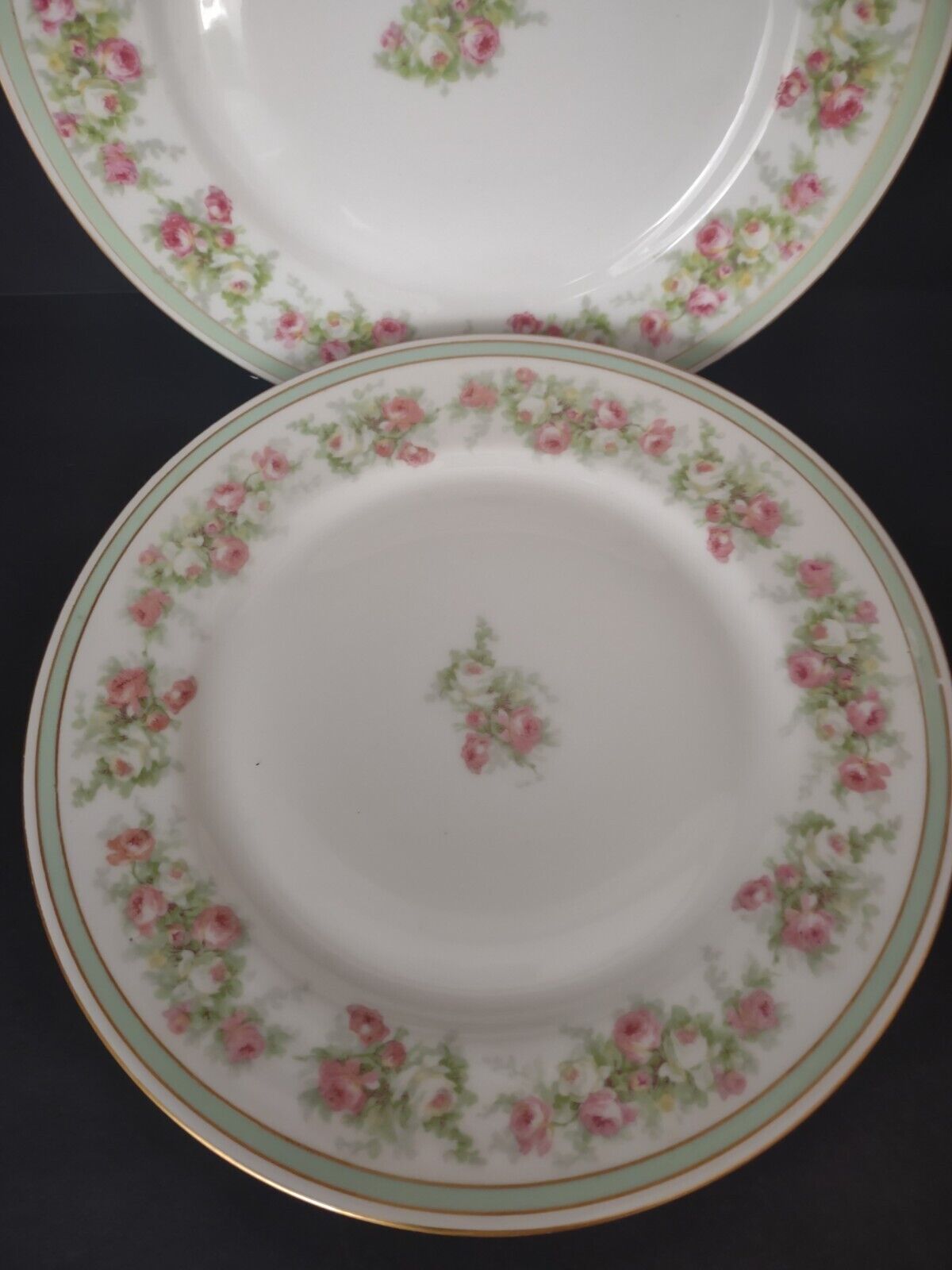 Coronet Limoges France 4 x Dinner Plate Mint Band Gold Trim Pink Rose (lot 550)