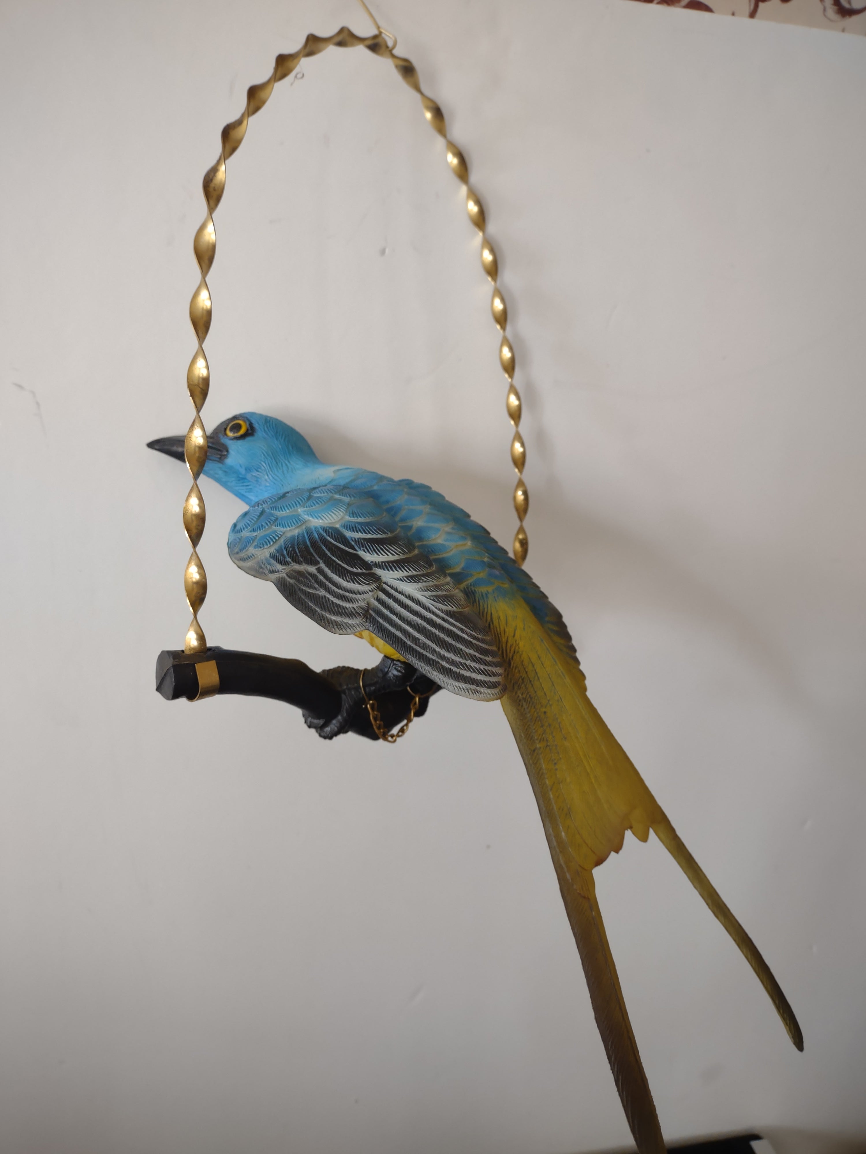 Vintage Plastic Blue Yellow Bird On A Perch Gold Hanger (Lot 3711)