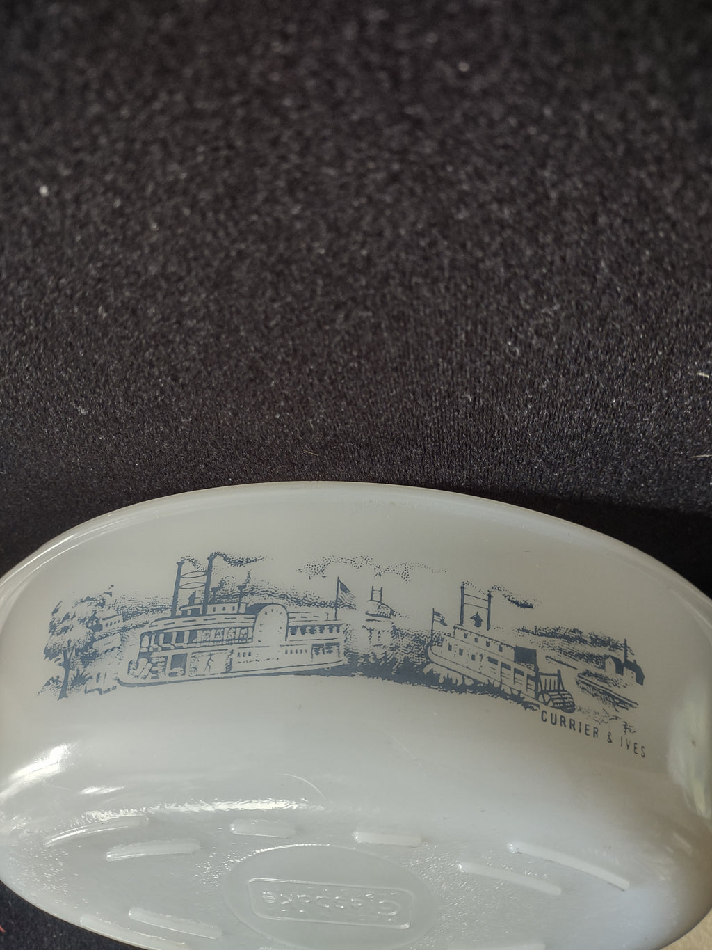 Vintage Glasbake Milk Glass 1 QT Casserole Currier & Ives Blue (Lot 5130)