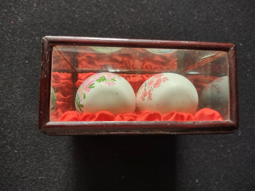 Vintage Hand Painted Oriental Easter Eggs Glass Wood Display IMPERFECT (Lot 5065