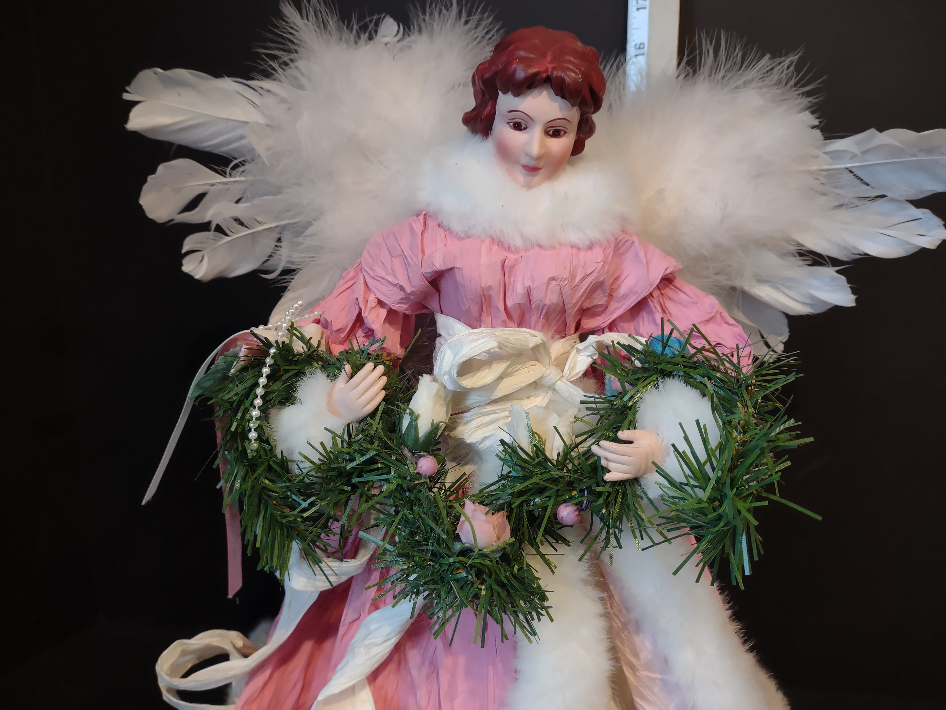Christmas Angel Tree Topper Pink White 16" Feather Wings (lot 2455)