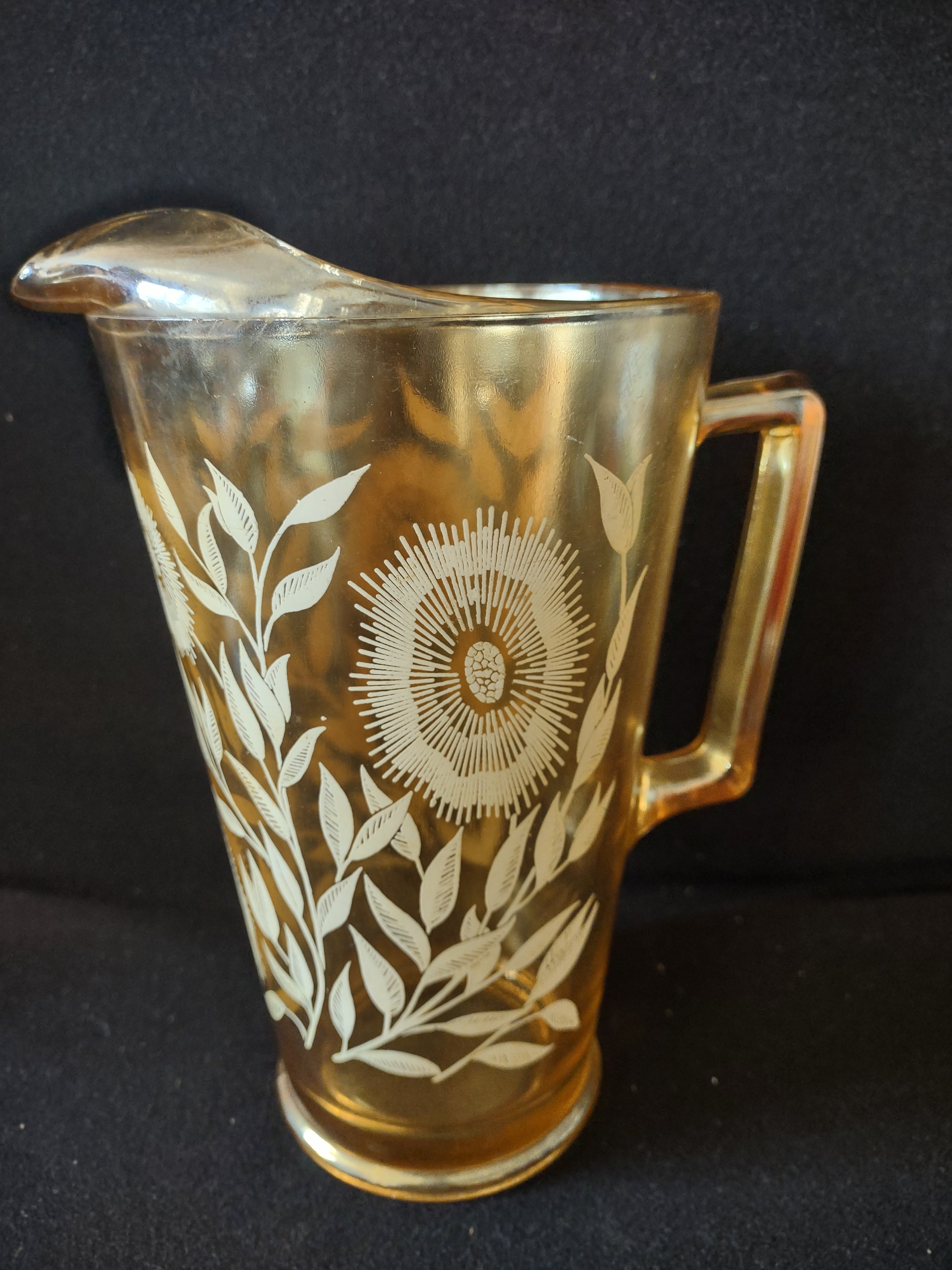 Vintage Jeannette Marigold Carnival Glass Pitcher Amber White Floral (Lot 5124)