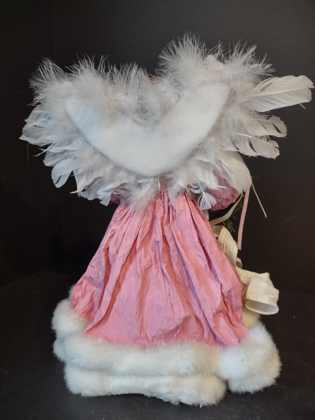 Christmas Angel Tree Topper Pink White 16" Feather Wings (lot 2455)
