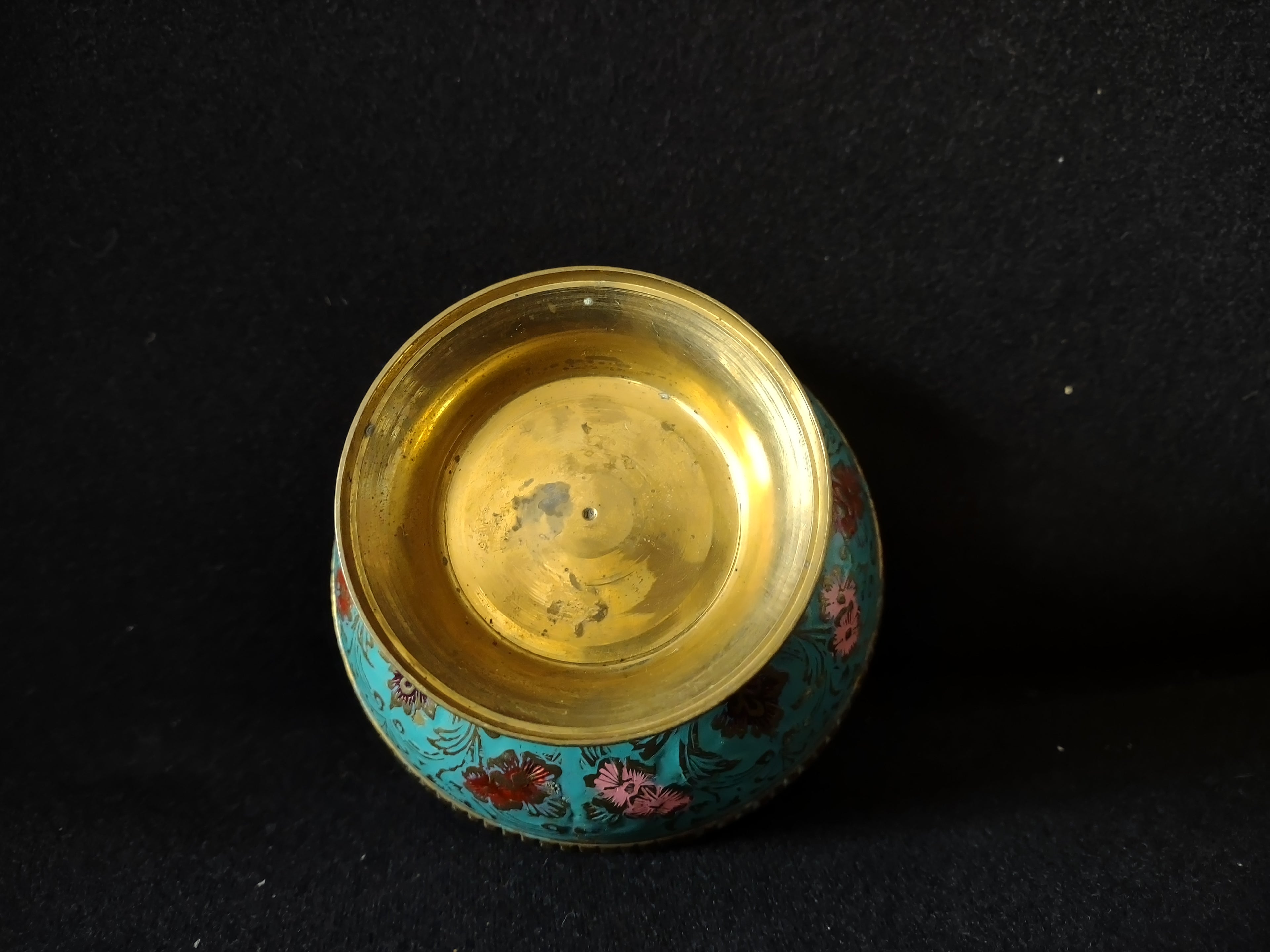 Vintage Metal Enameled Small Footed Bowl Peacock IMPERFECT (lot 5281)