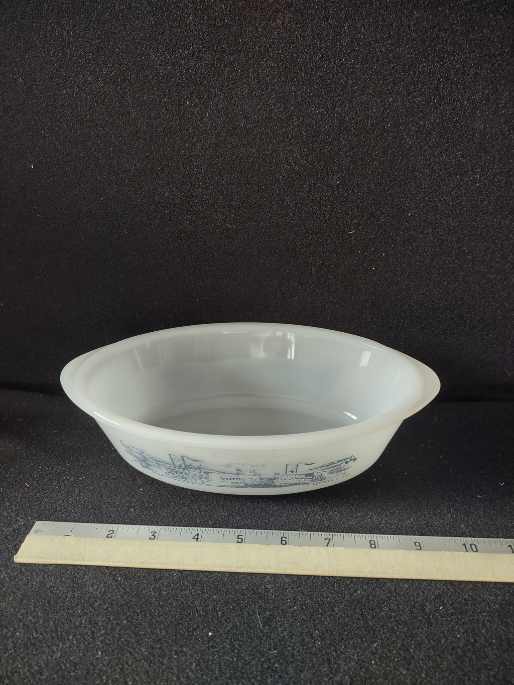 Vintage Glasbake Milk Glass 1 QT Casserole Currier & Ives Blue (Lot 5130)