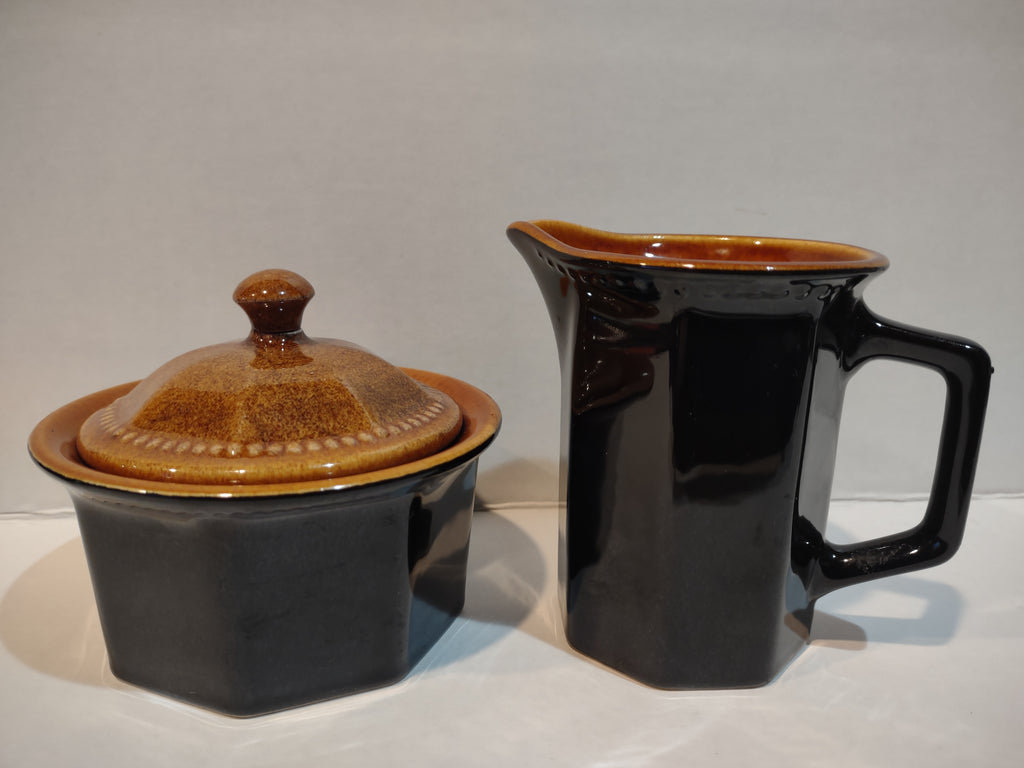 Vintage MCM Ironstone Amber Octagon Sugar Bowl Creamer Rustic USA (lot 5010)