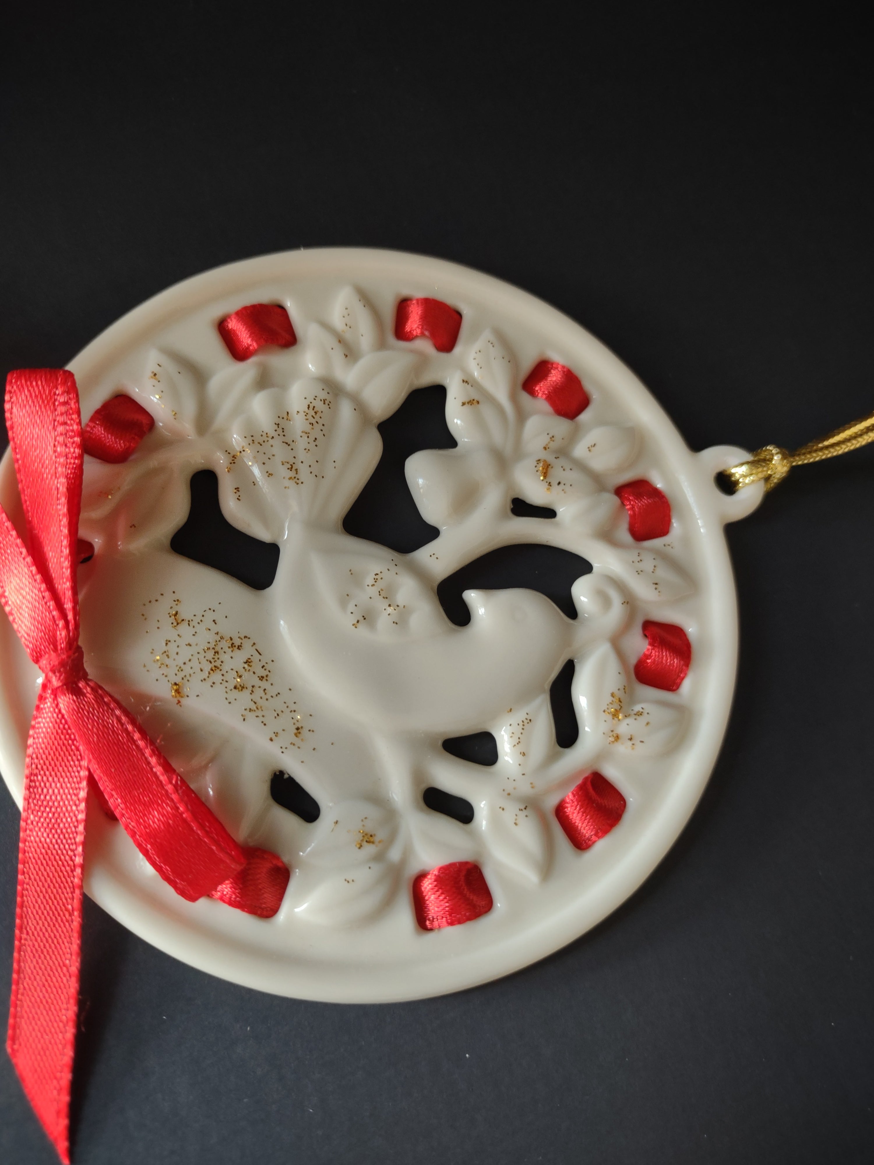Vintage Lenox Porcelain Partridge Christmas Ornament Red Ribbon Gold [4880]