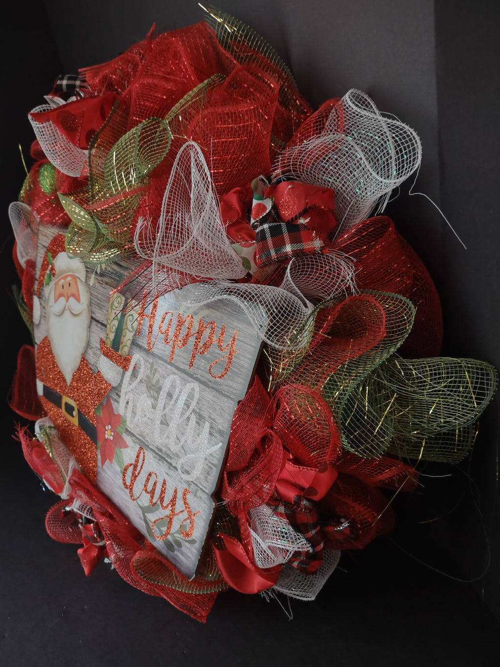 Christmas Happy Holly Days Mesh Ribbon Wreath Handmade 22" (lot 1399)