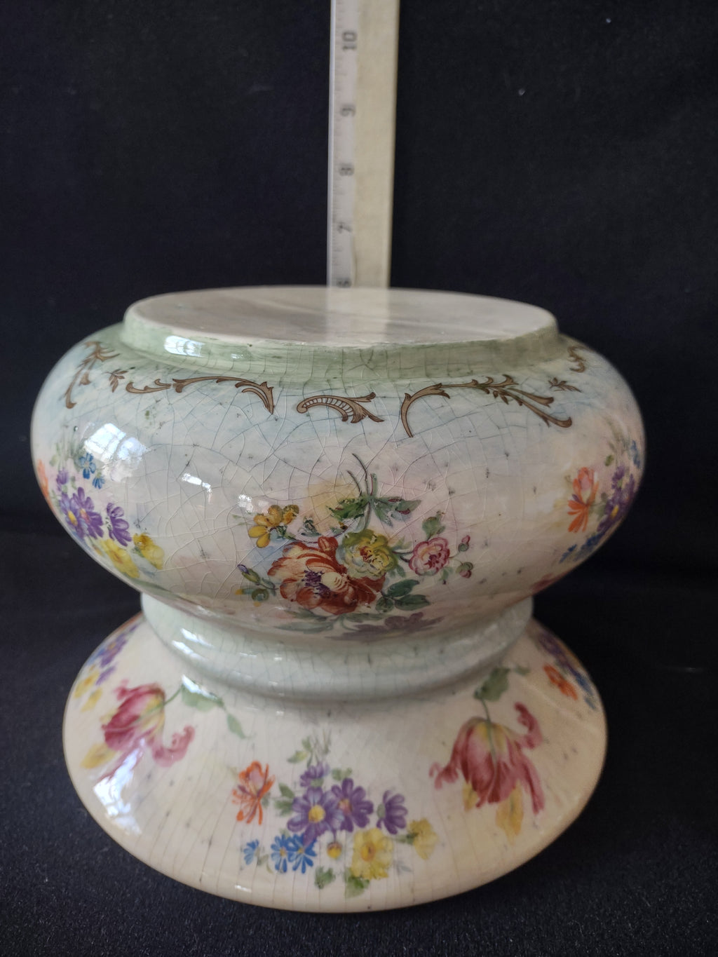 Vintage Floral Round Vase Heavy Crazing Aged Cottage (lot 5522)
