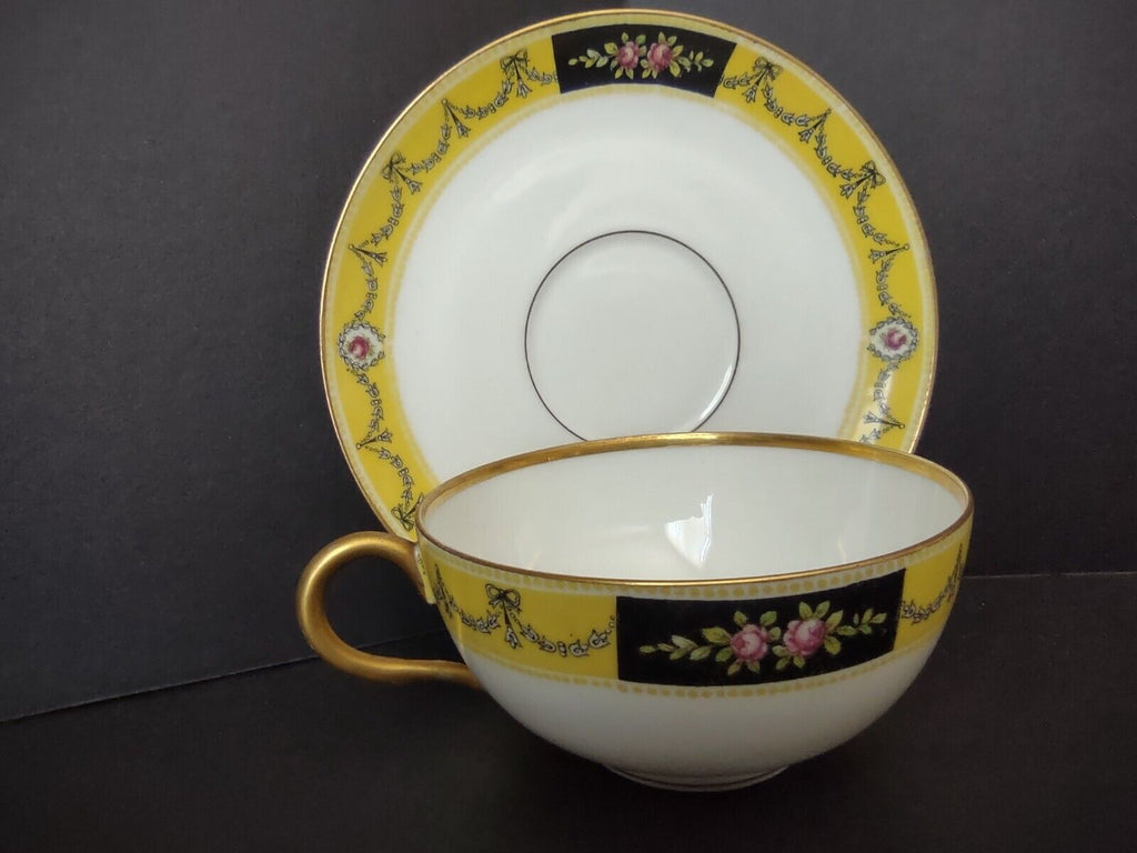 Avenir Limoges Ovington Bros Teacup & Saucer Yellow Black Trim Bow Rose lot 730