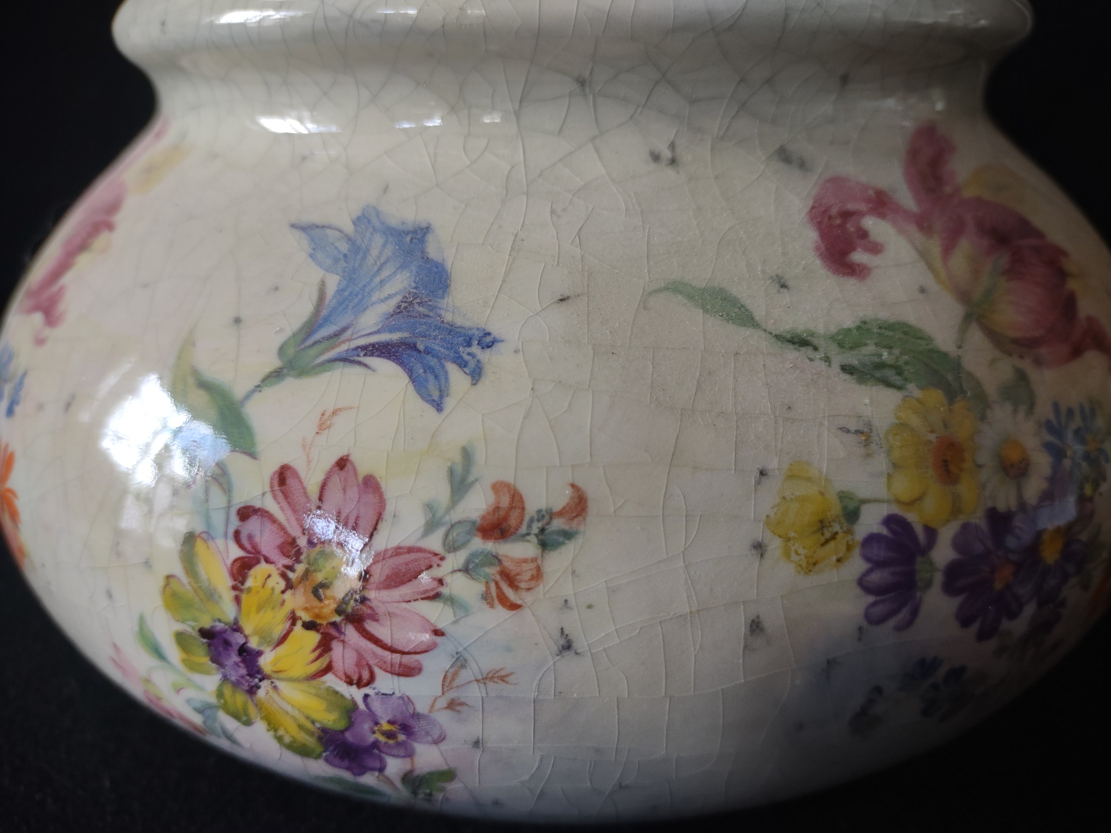 Vintage Floral Round Vase Heavy Crazing Aged Cottage (lot 5522)