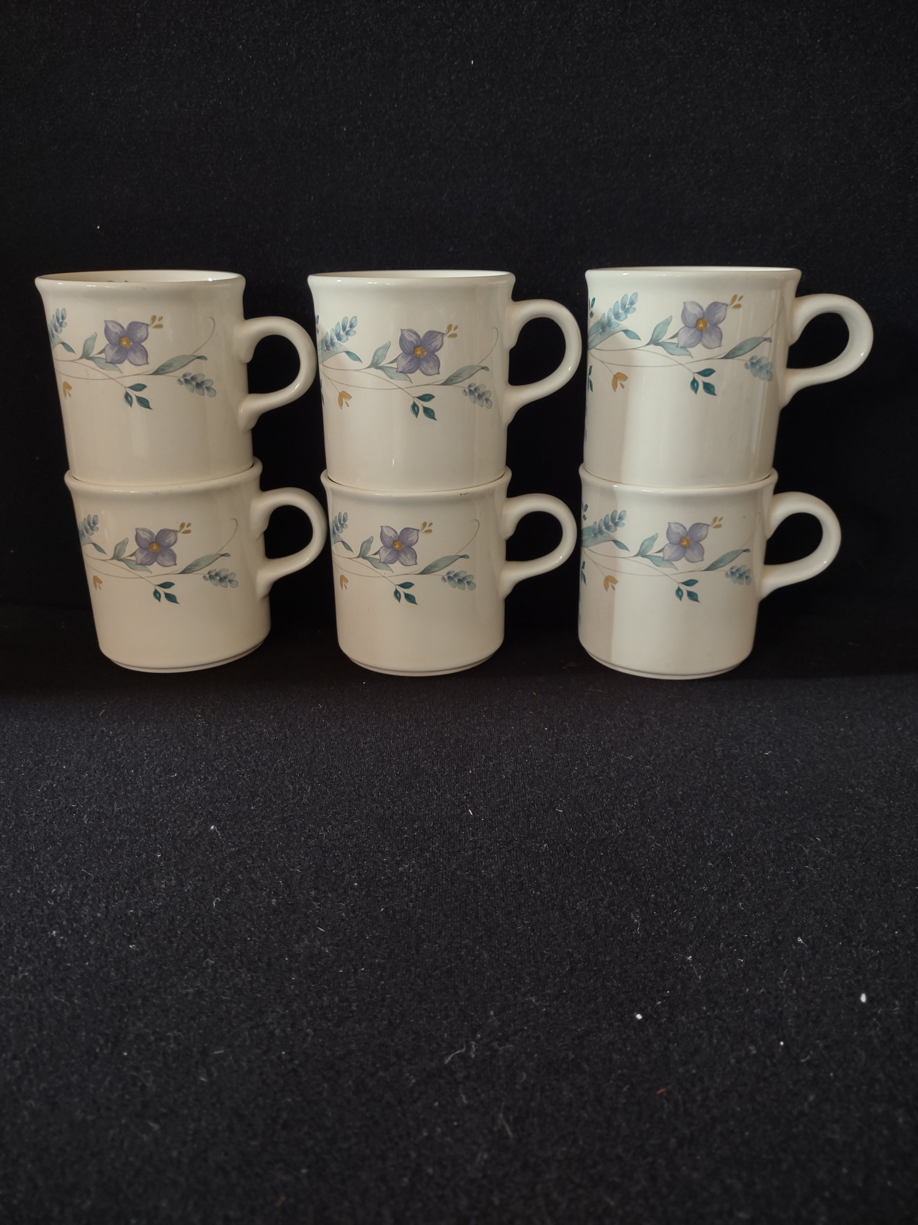 Vintage Pfaltzgraff Mugs April Flower Pink Lavender Aqua Set Of 6 (Lot 5031)
