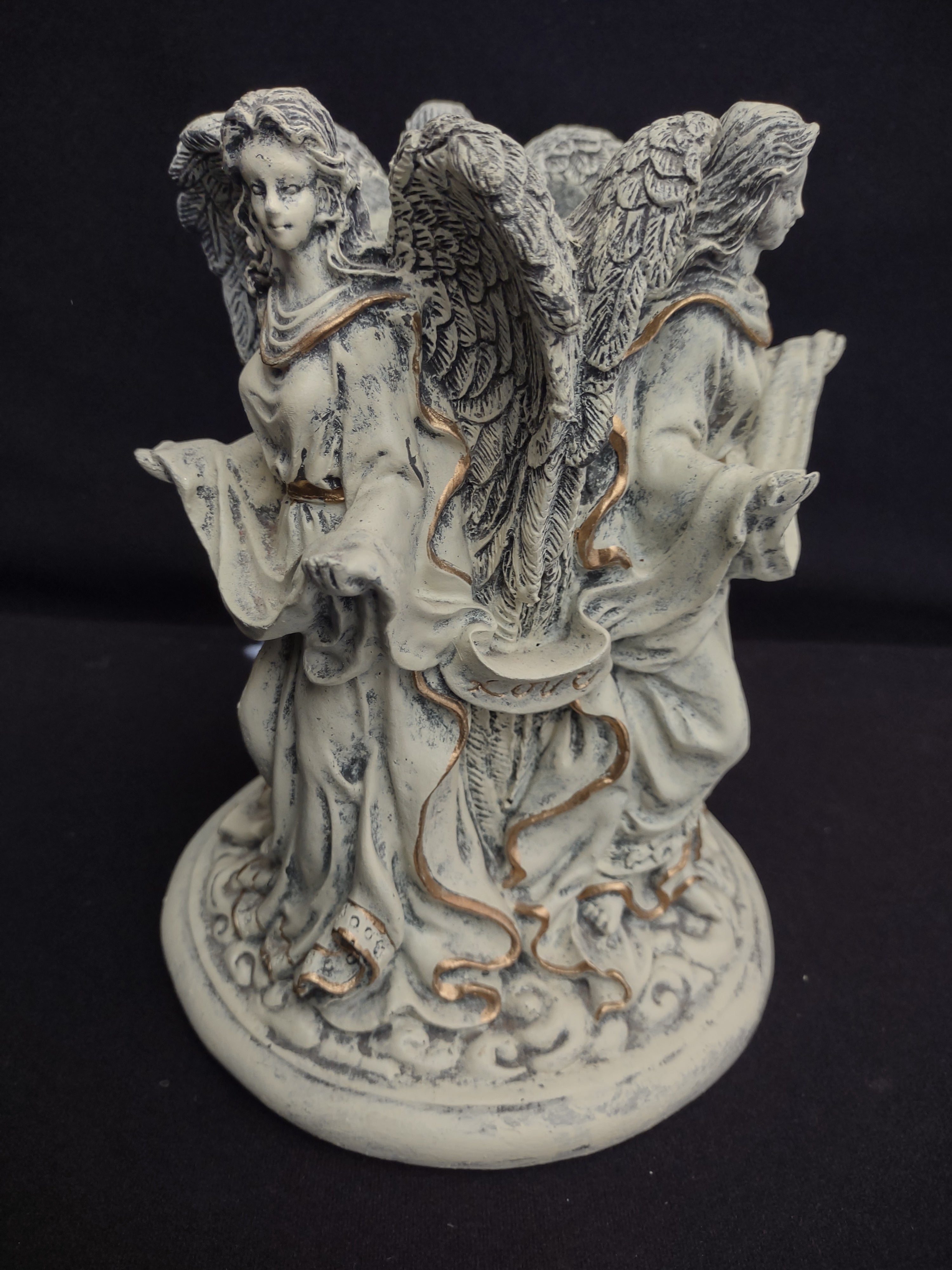 Angel Pillar Candle Stand Peace Love Joy (lot 1699)