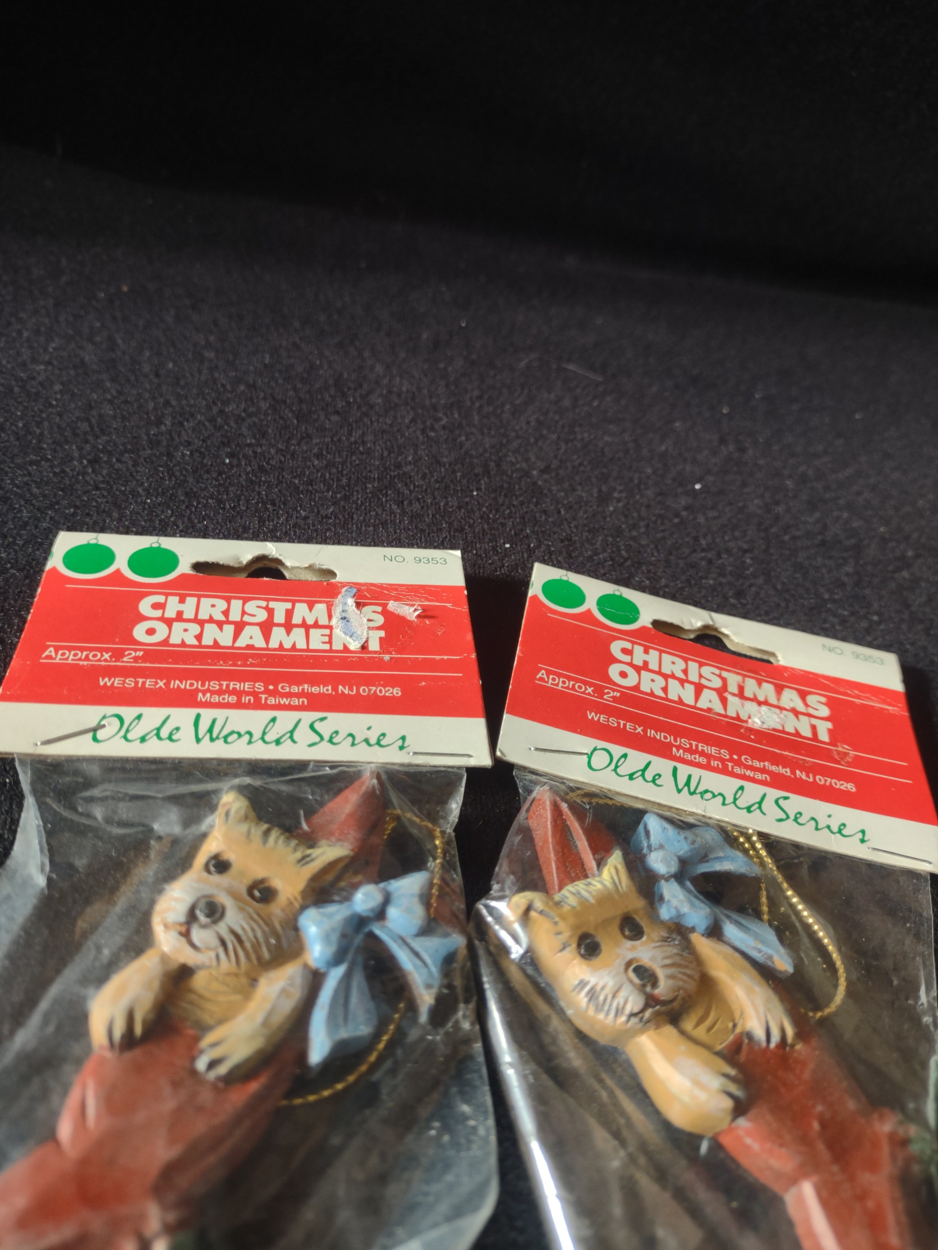 Vintage Westex Christmas Ornaments Dog Stocking Blue Bow Set Of 2 (Lot 4683)