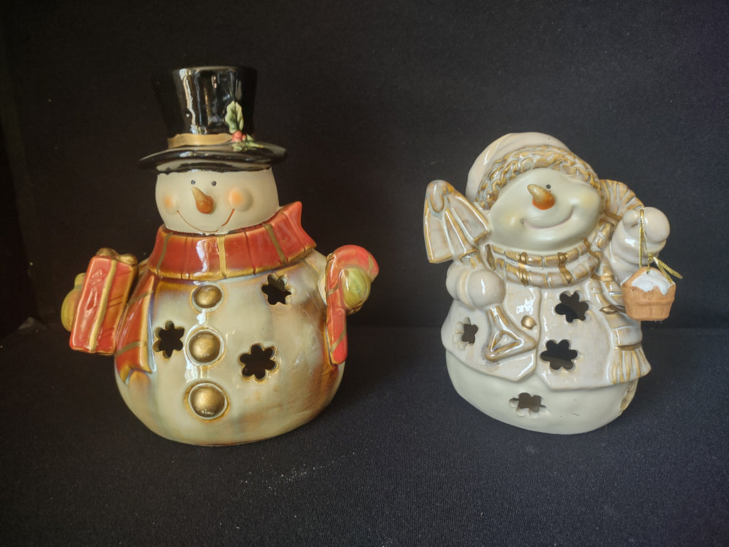 Set of 2 Tealight Holder Ceramic Christmas Snowman (lot 1705)