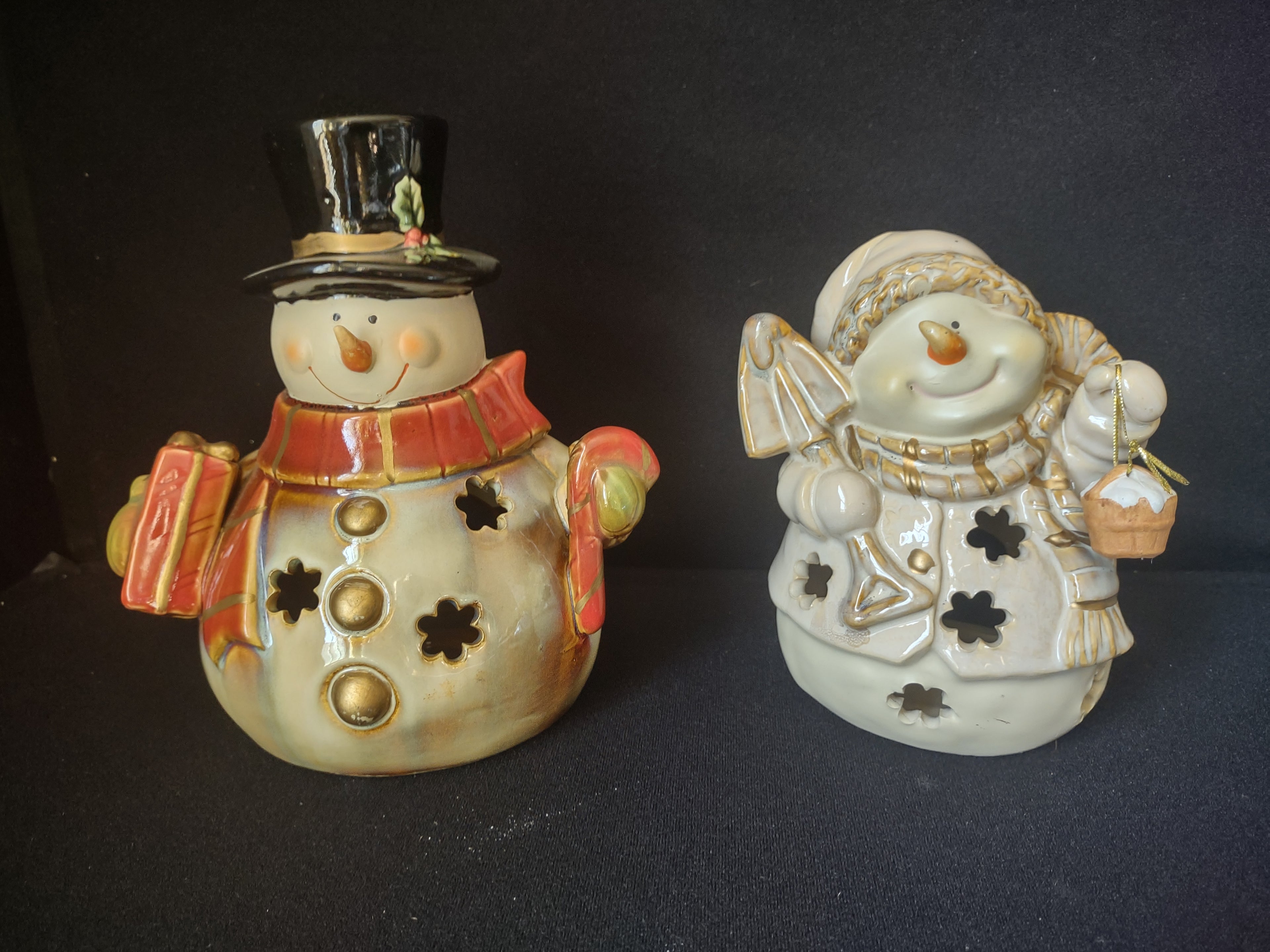 Set of 2 Tealight Holder Ceramic Christmas Snowman (lot 1705)