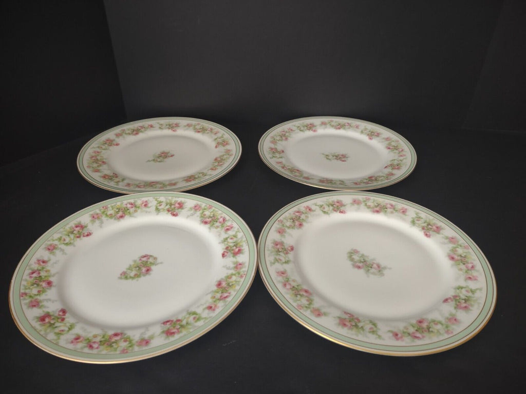 Coronet Limoges France 4 x Dinner Plate Mint Band Gold Trim Pink Rose (lot 550)