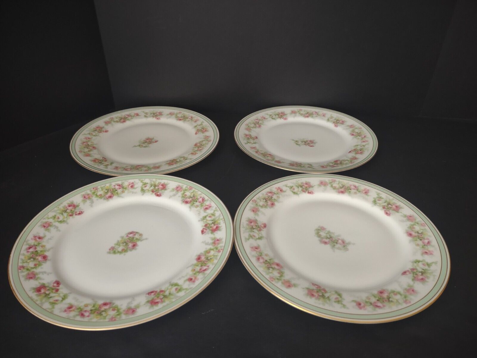 Coronet Limoges France 4 x Dinner Plate Mint Band Gold Trim Pink Rose (lot 550)
