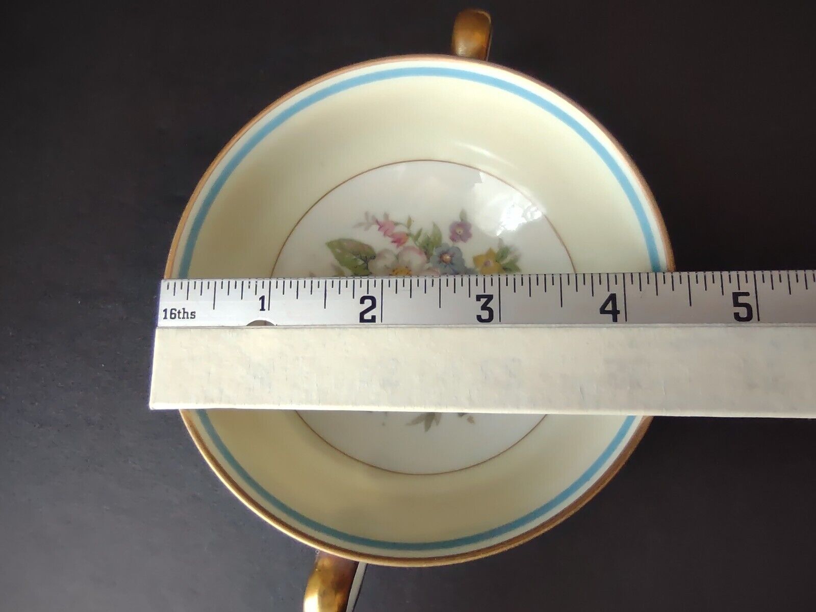 Ahrenfeldt Limoges France Bouillon Cup & Saucer Gold Blue Trim Rose (lot 737)