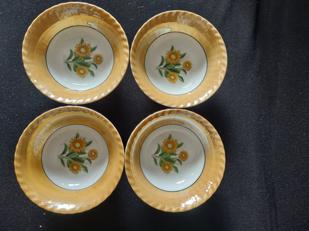 Vintage 6" Lusterware Cereal Cram Soup Bowl x 4 Orange Trim Flowers (Lot 5051)