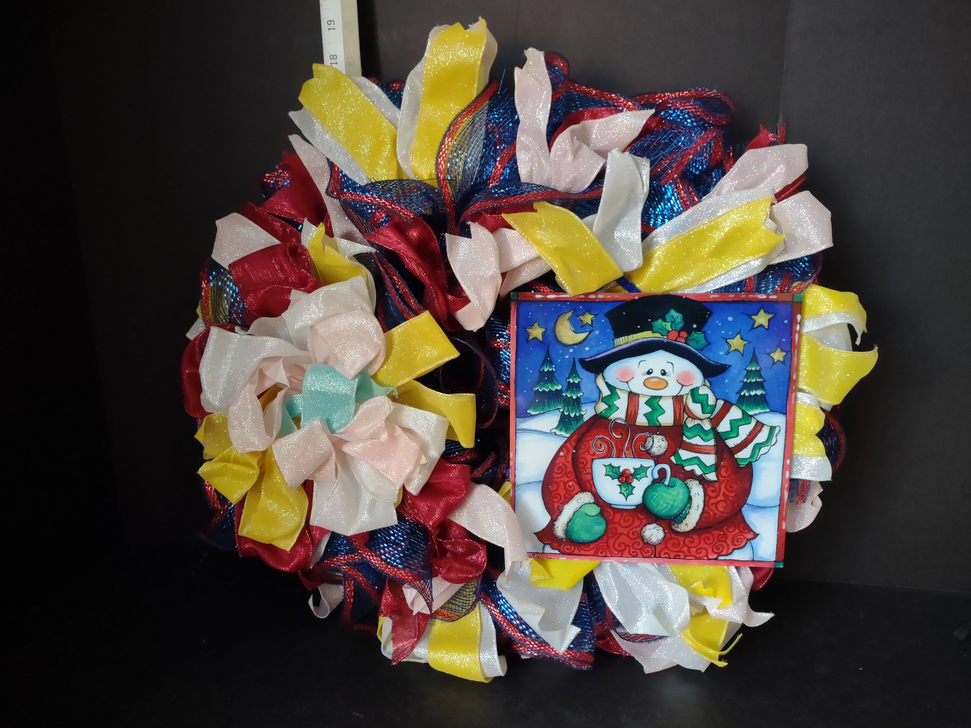 Handmade Christmas Wreath Red Blue White Sparkly Ribbon Snowman 20" (lot 1292)