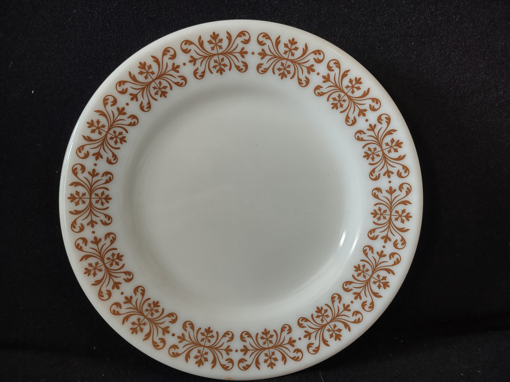 Vintage Milk Glass USA Pyrex Copper Filigree 9" Lunch Plate x 2 (lot 5207)