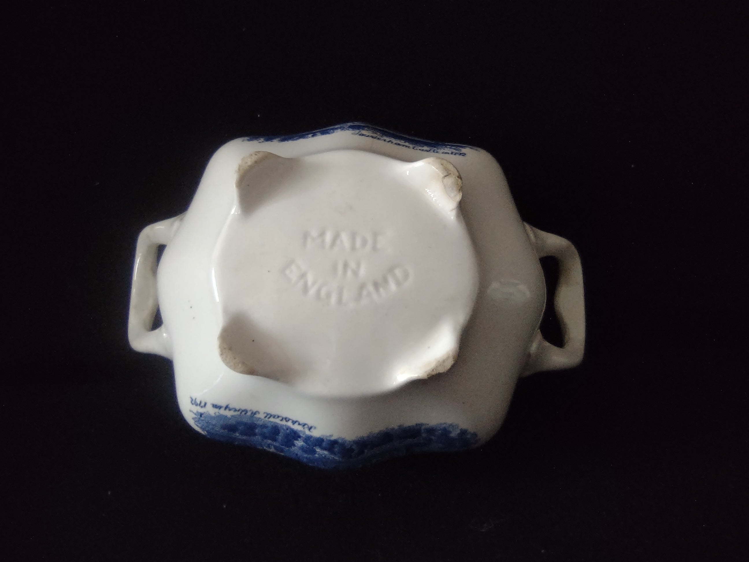 Vintage Blue White English Castle Ironstone IMPERFECT Sugar Bowl (lot 5821)