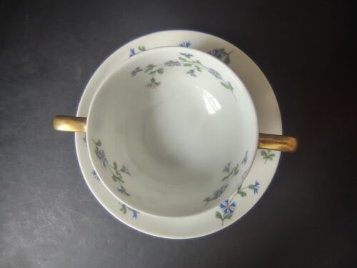 Vintage French Chick GDA Limoges Bouillon Cup & Saucer Blue Flower (lot 764)