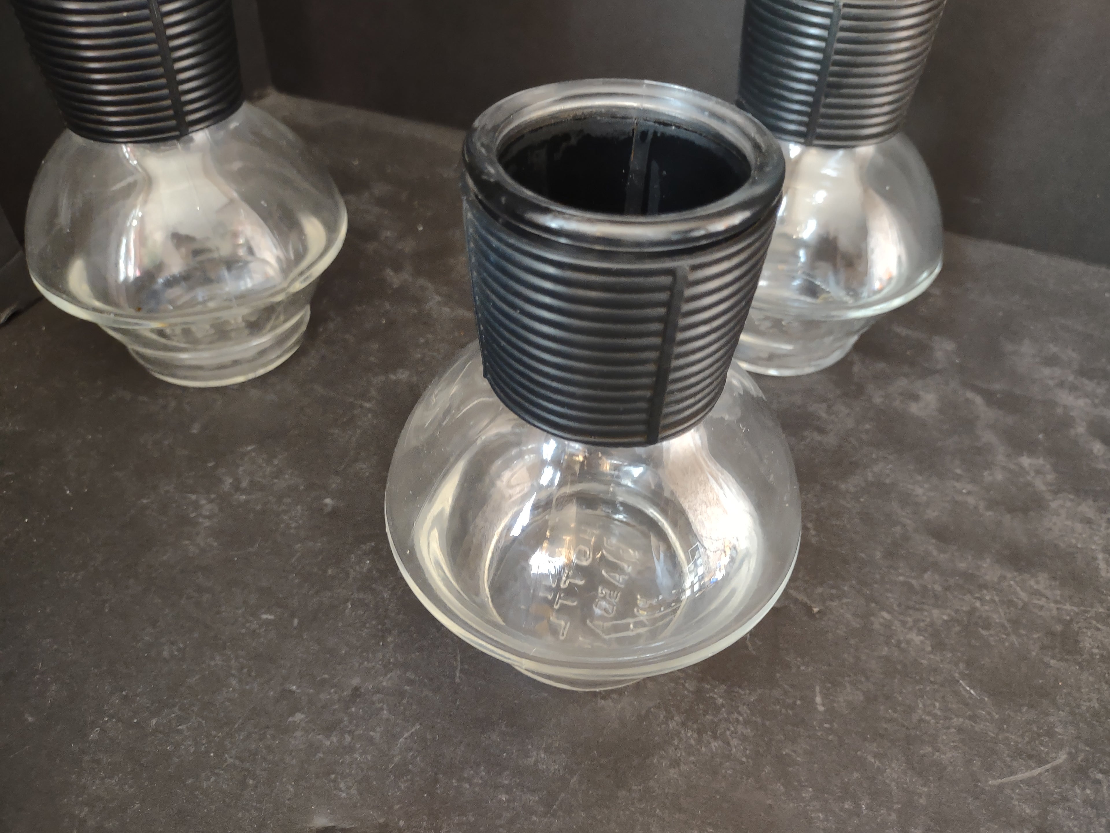 Vintage 9 x Hottle Carafe Clear Glass NO Lid Glasbake Black Neck (lot 5316)
