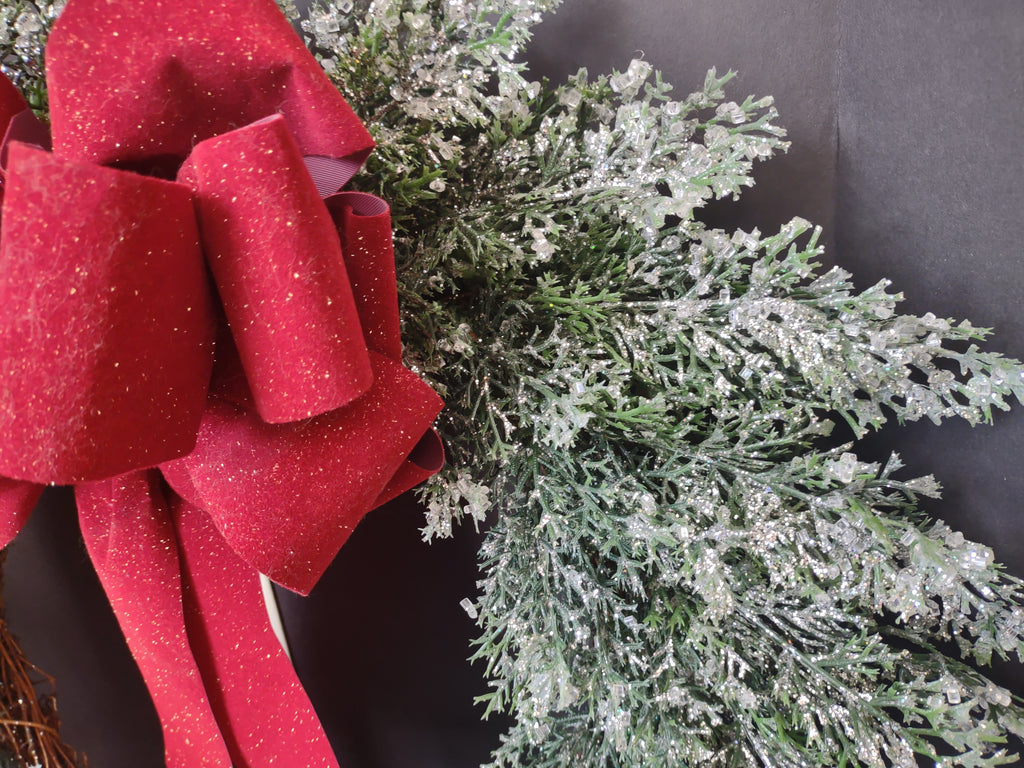 Vintage Christmas Iced Glitter Sparkly Front Door Wreath Red Bow 20" (lot 1176)