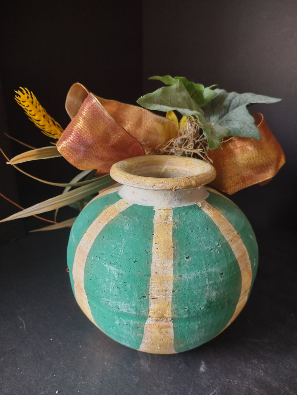 Vintage Primitive Cottage Turquoise Vase Pottery Fall Sunflower 6" (lot 3116)