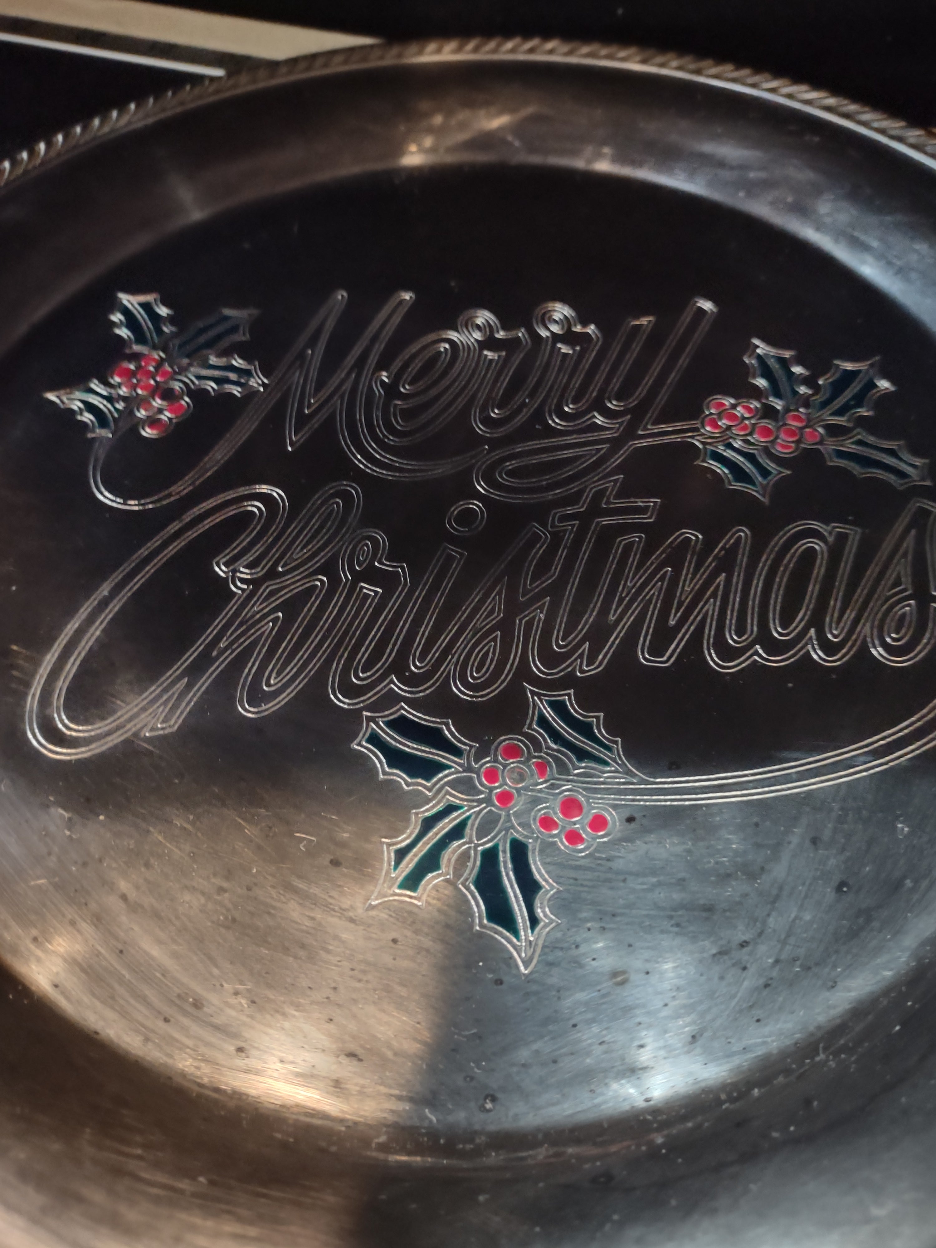 Vintage Silver Plated Serving Platter Christmas Holly Berries (Lot 3955)