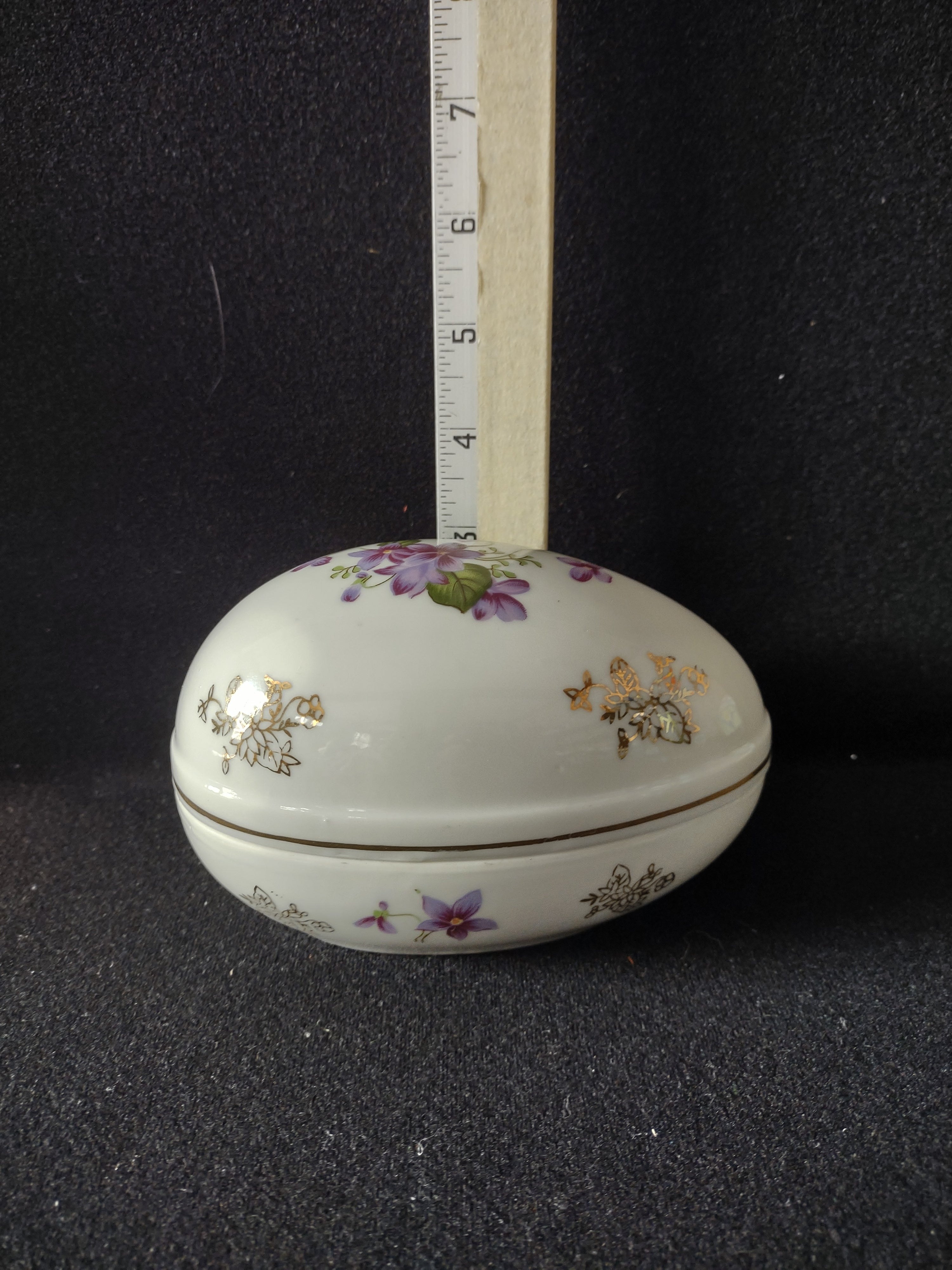 Vintage Lefton China Porcelain Egg Trinket Box Violet Floral Gold Trim (Lot 5069