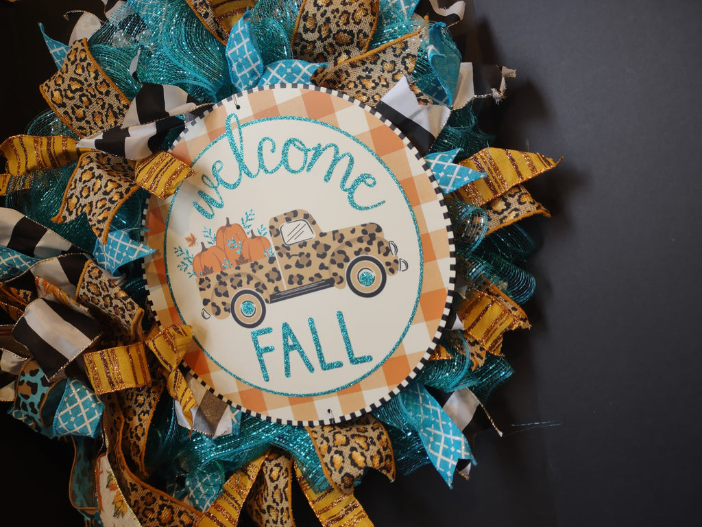 Autumn Fall Front Door Wreath Mesh Ribbon Decor Welcome Truck (lot 1367)