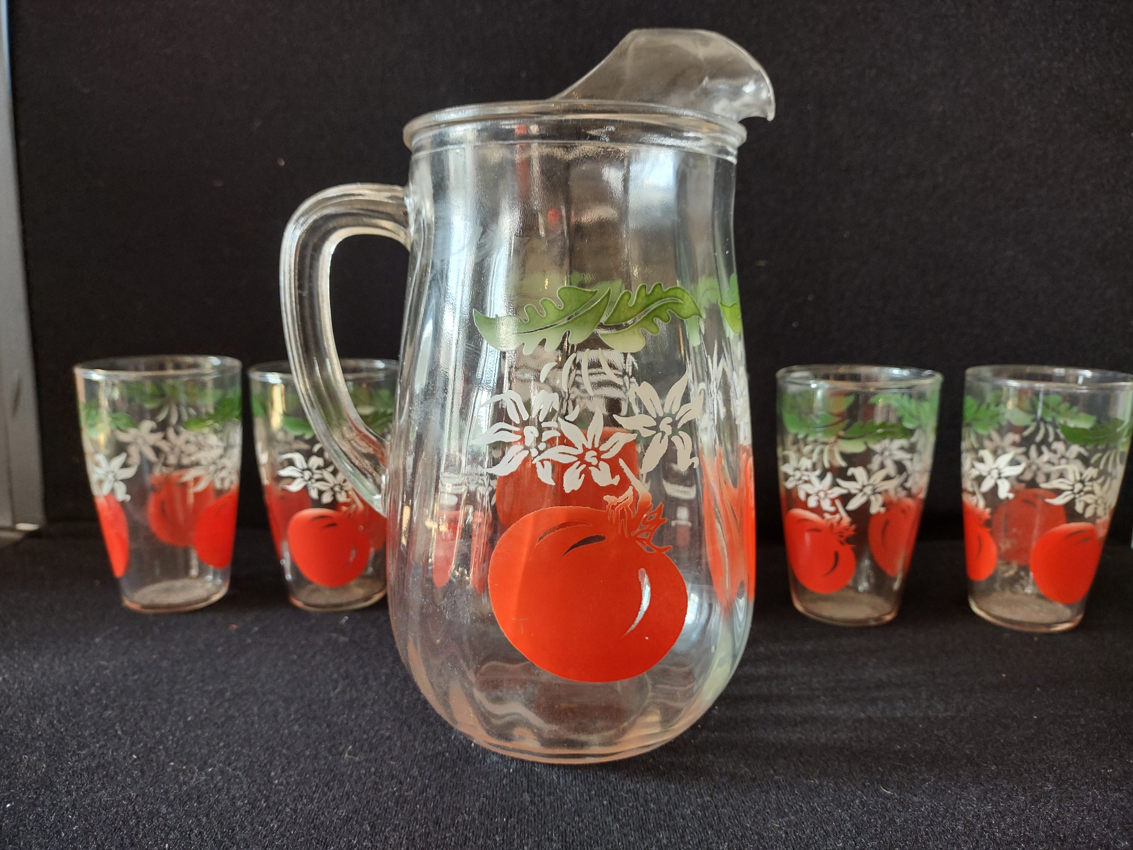 Vintage MCM Bartlett Collins Tomato Pitcher Drinking Glass x 6 (lot 5168)